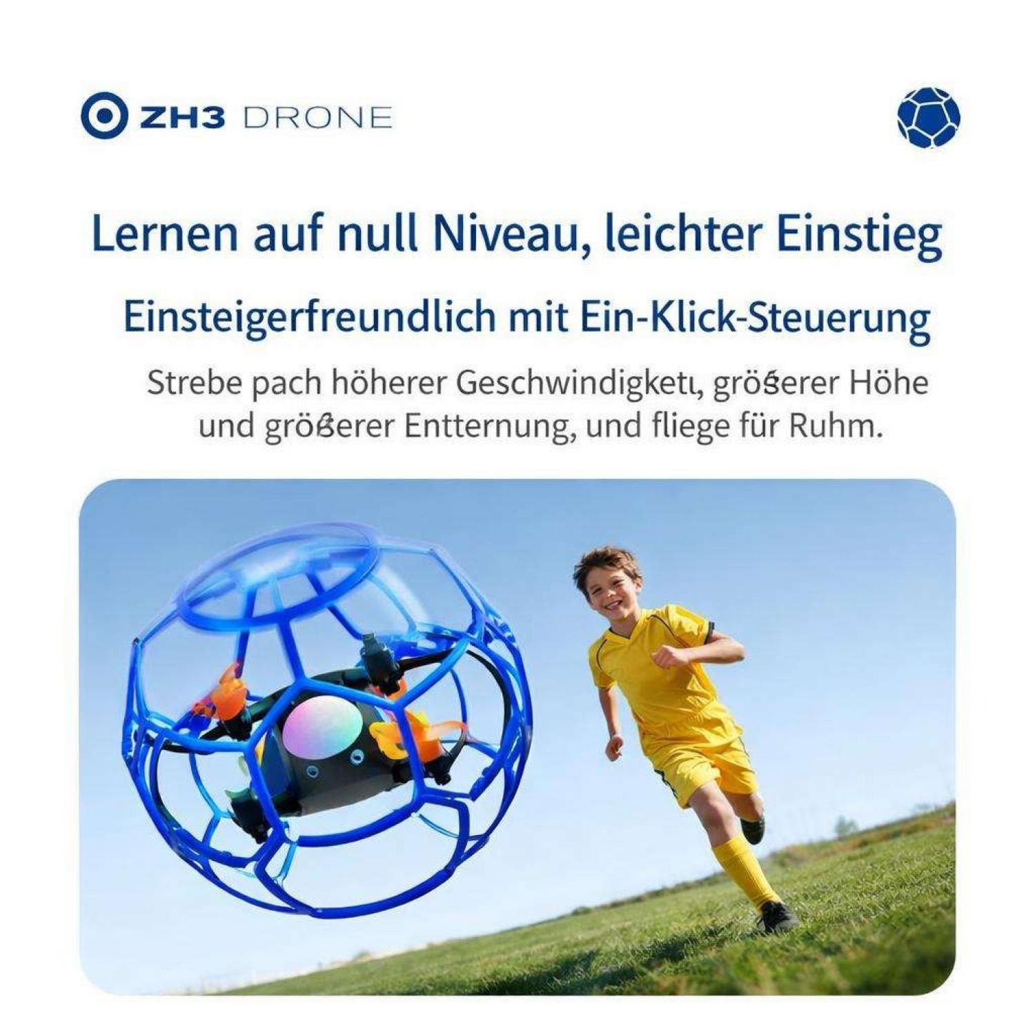 Ein Junge in gelber Kleidung rennt auf einem Hügel, eine Drohne fliegt daneben.