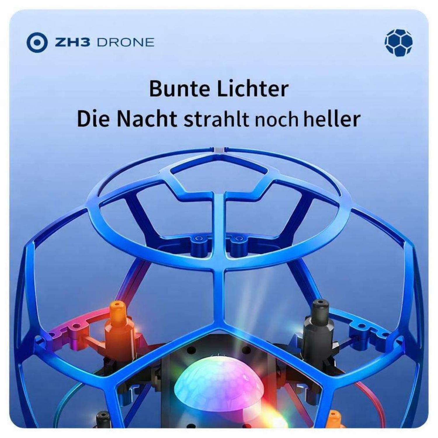 Ein blauer Drohnenkäfig mit bunten Lichtern im Inneren und Text.