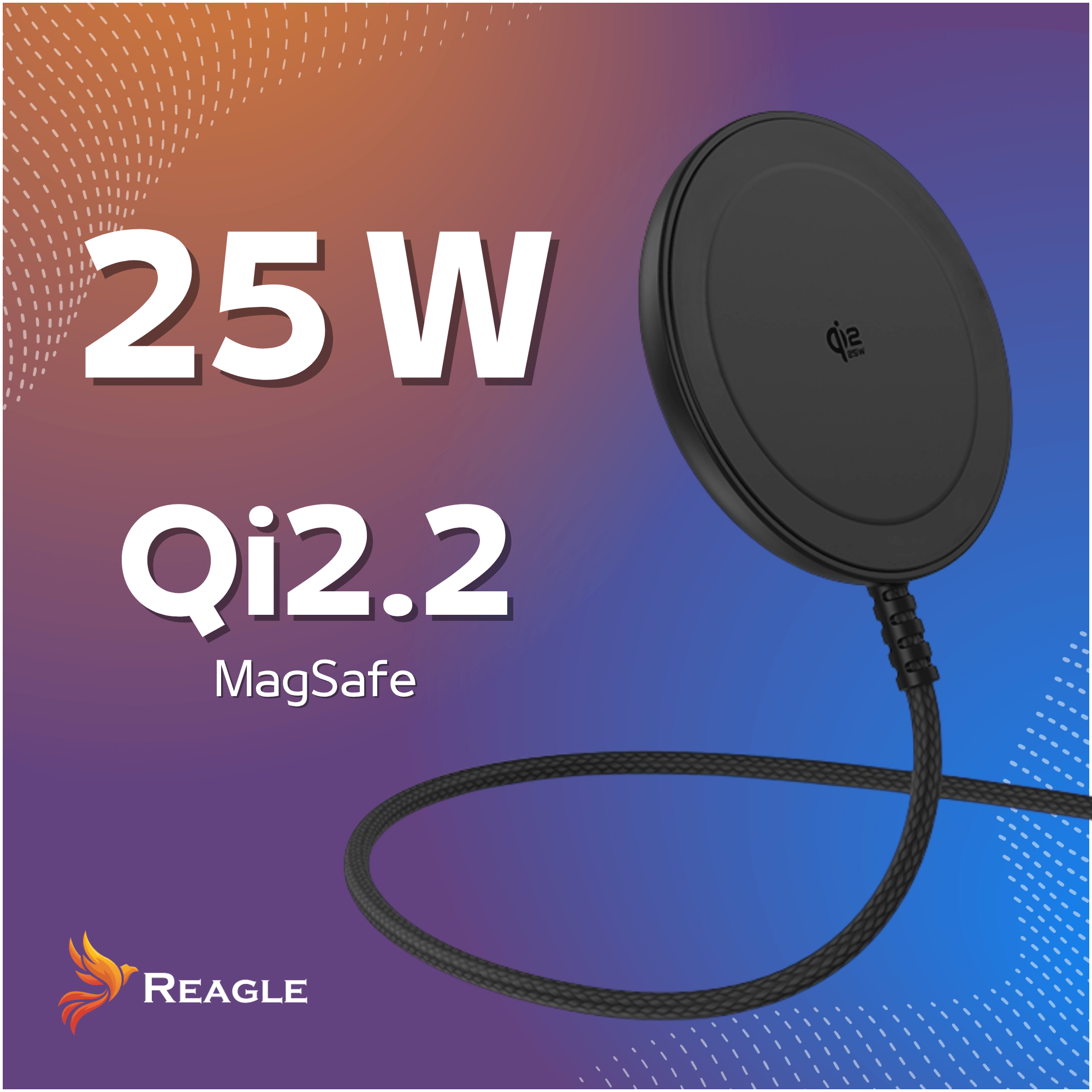Schwarzes 25W Qi2.2 MagSafe Ladegerät mit Kabel auf farbigem Hintergrund.