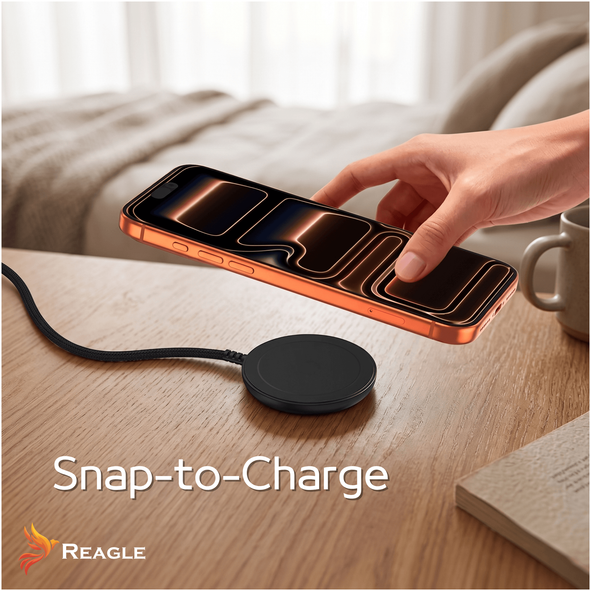 Eine Hand hält ein orangefarbenes Handy über ein schwarzes Ladepad auf einem Holztisch.