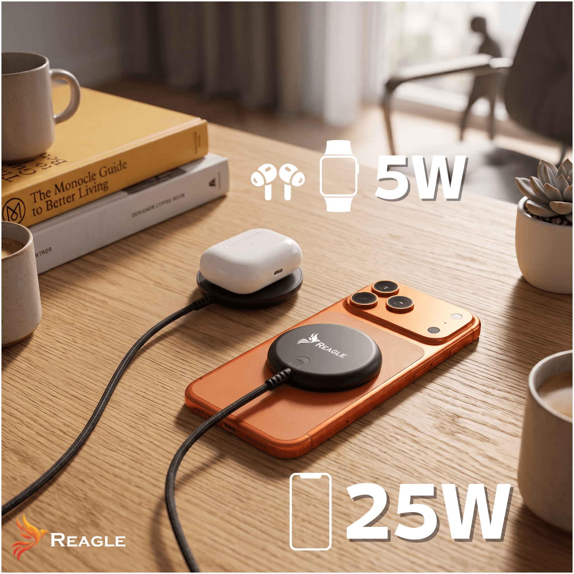 Ein orangefarbenes Smartphone lädt auf einem Tisch mit Ladegeräten, Büchern und Tassen.