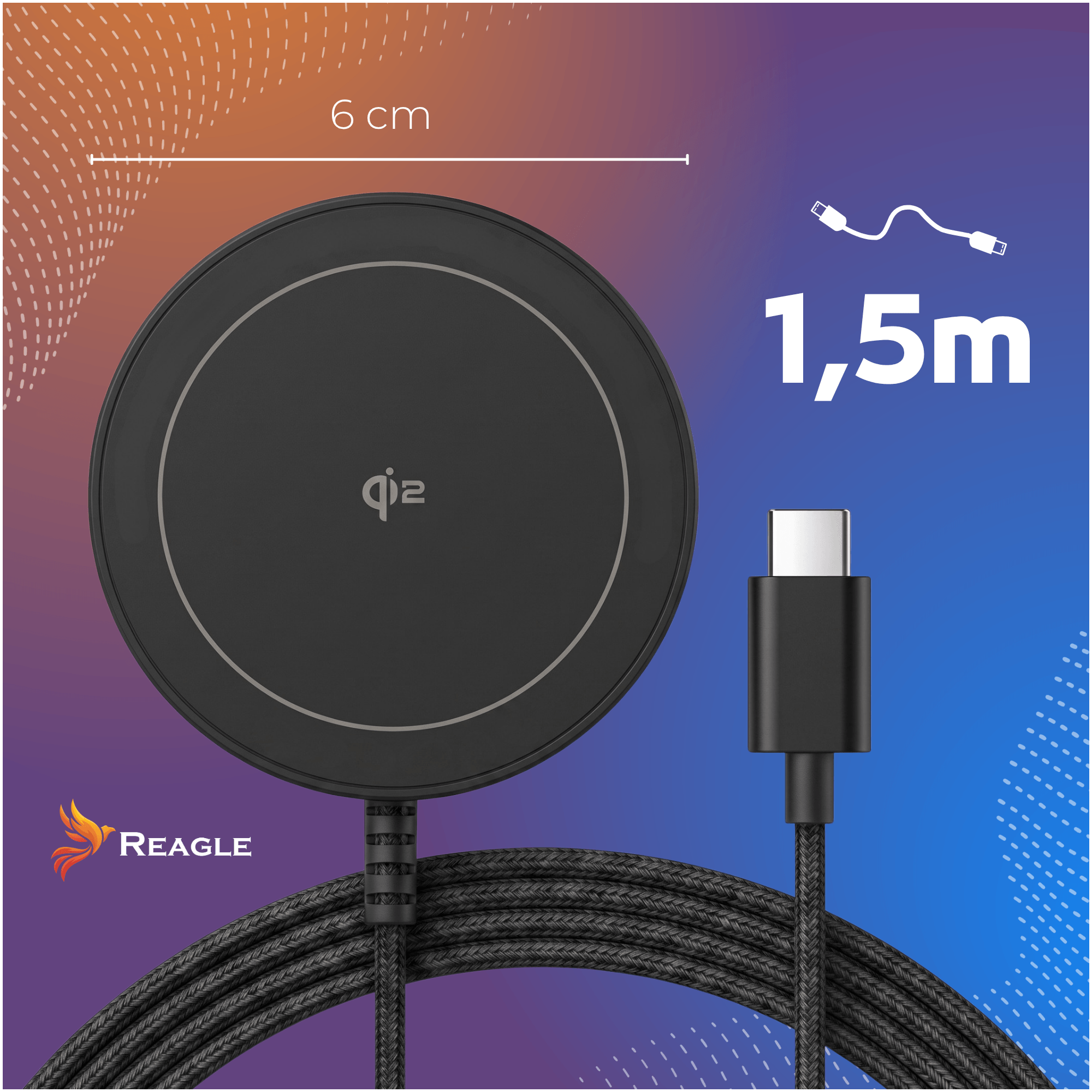 Ein schwarzes Qi-Ladegerät mit 6 cm Durchmesser und einem 1,5 m langen USB-C-Kabel.