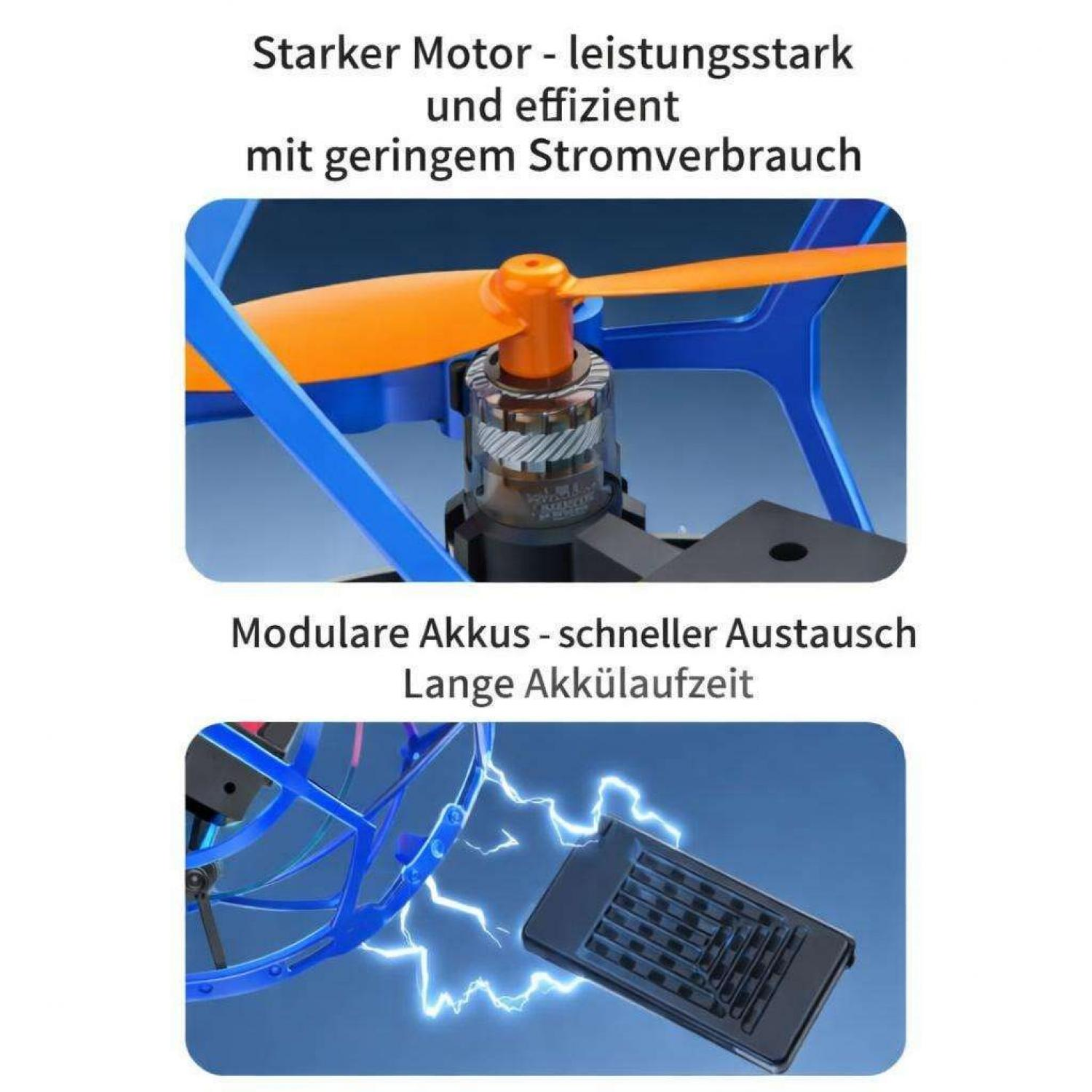 Nahaufnahme eines Drohnenmotors mit blauem Propeller und einem Akku mit Blitzen.