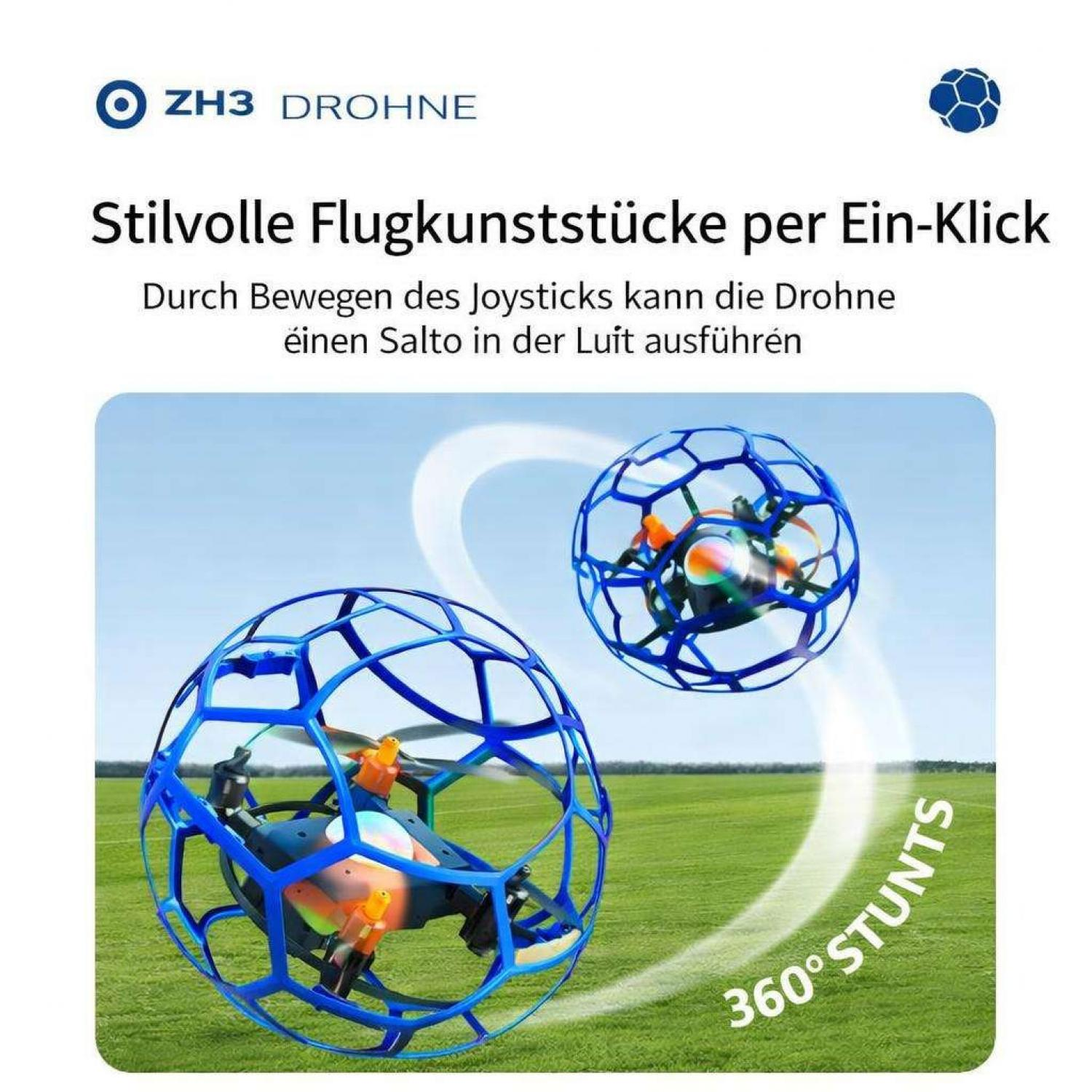 Zwei blaue Drohnen mit Schutzgitter fliegen über grünem Gras. Ein Text besagt 360° STUNTS.