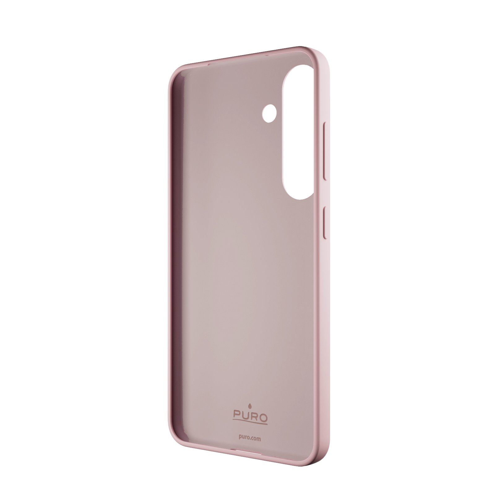 Una funda de teléfono rosa empolvado con recorte de cámara y logo.