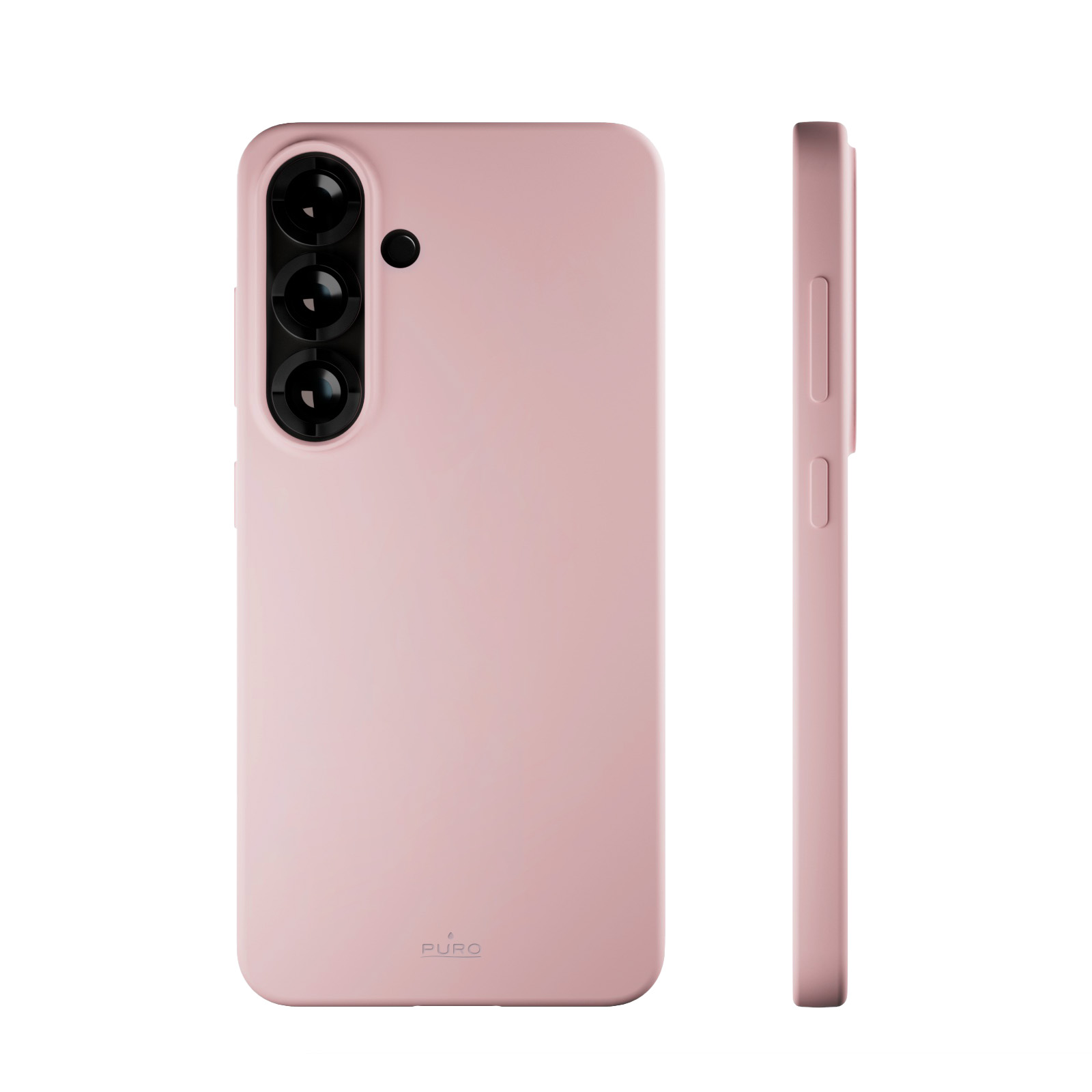 Una funda rosa para teléfono con tres lentes de cámara y un logo de Puro.