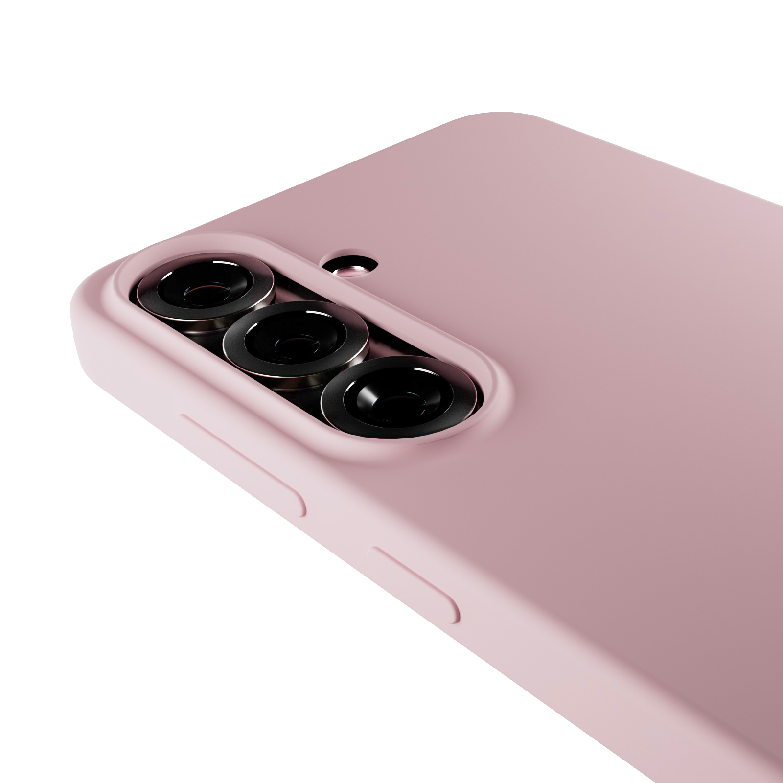 Una funda de teléfono rosa con tres lentes de cámara y un flash.