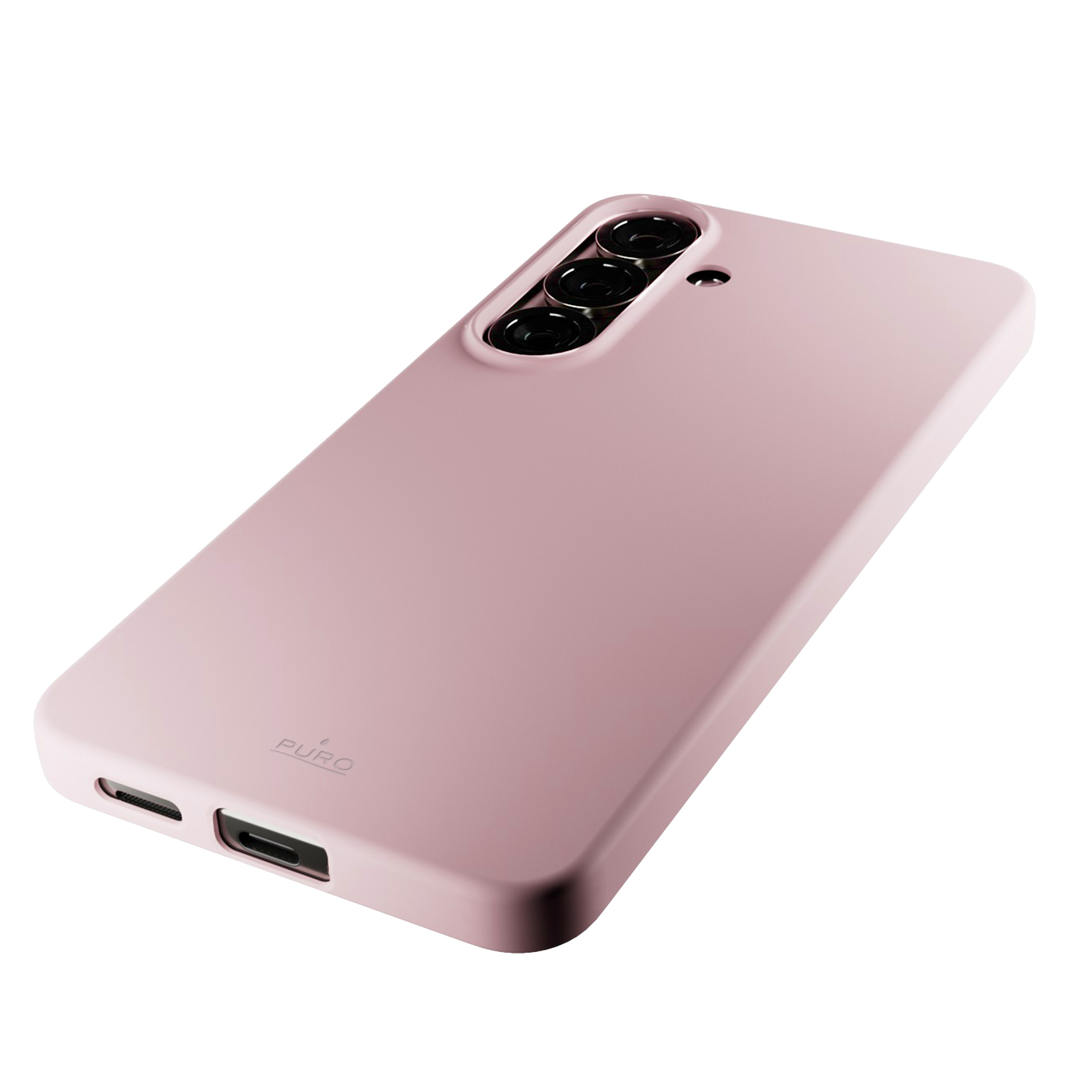 Una funda de teléfono rosa con tres lentes de cámara y logo PURO.