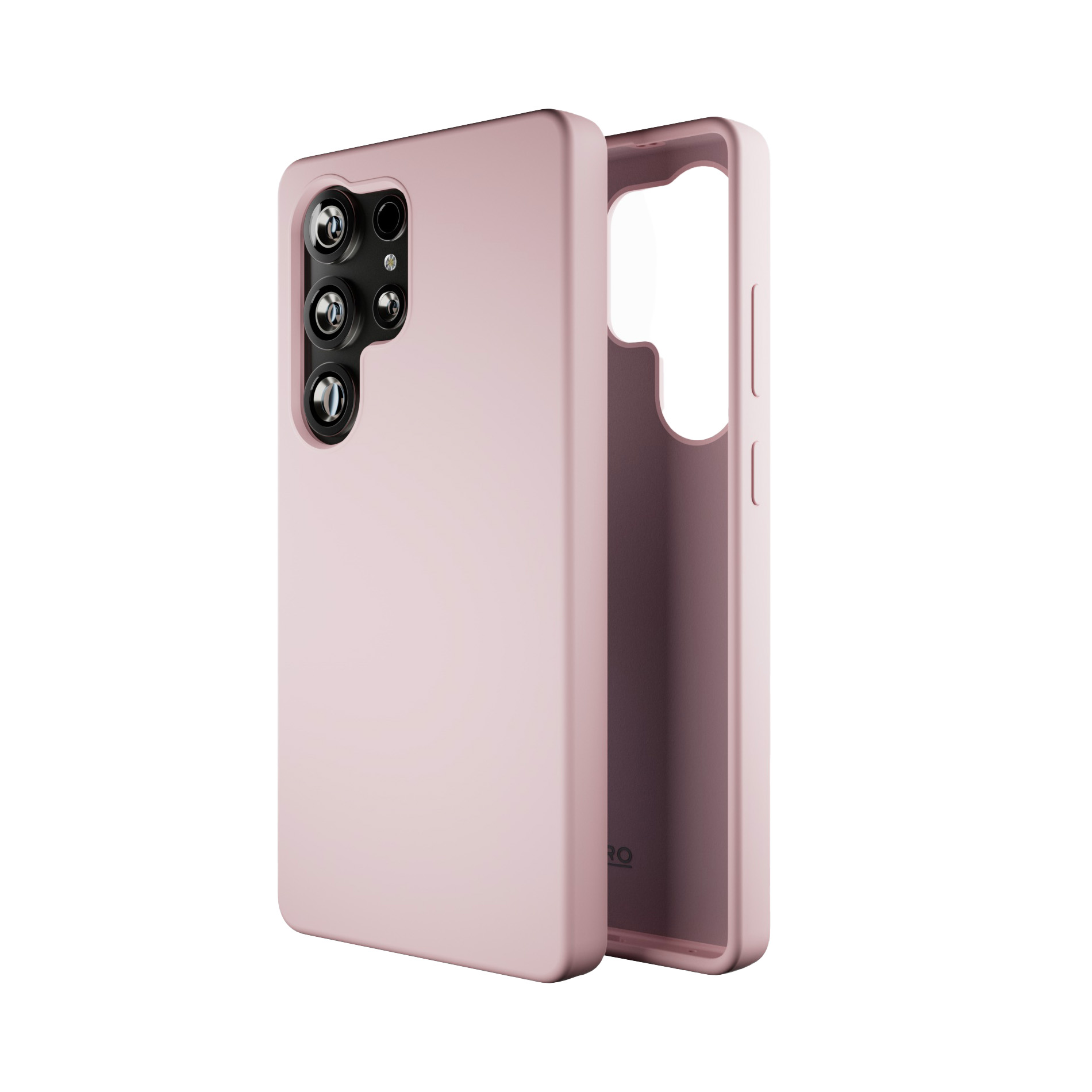 Una custodia rosa per telefono con ritaglio fotocamera e interno scuro.