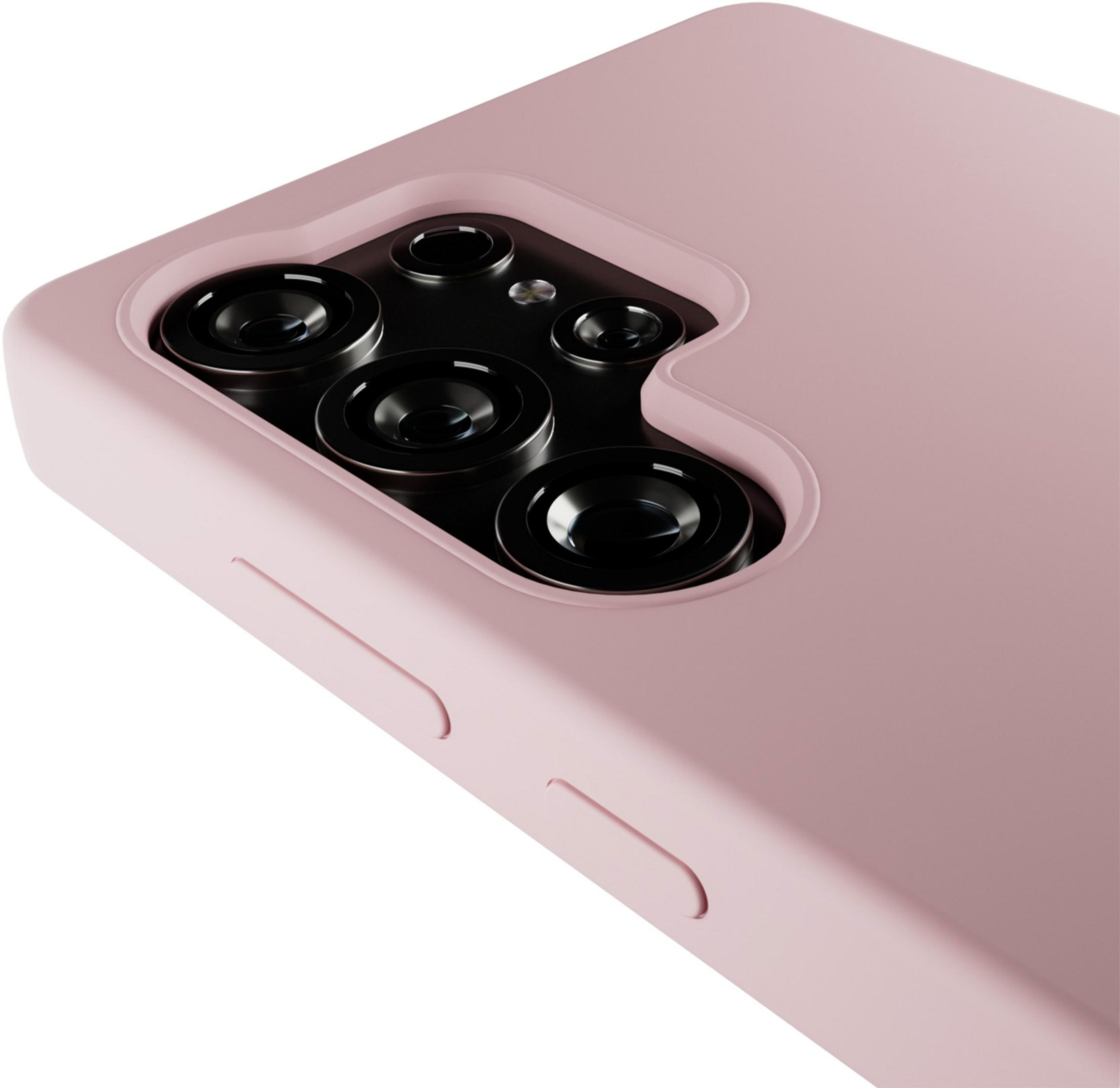 Primo piano di una custodia rosa per telefono con modulo fotocamera.