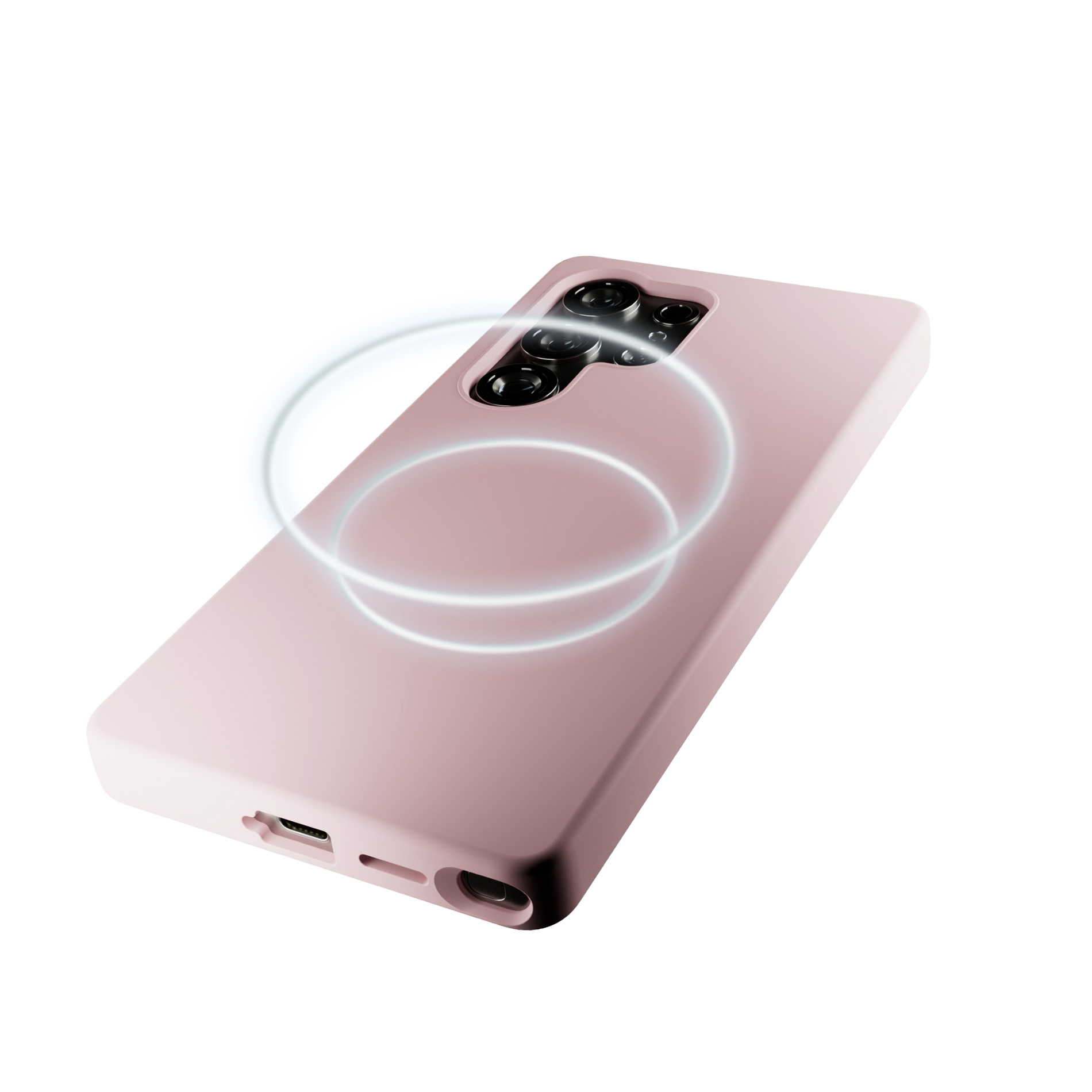 Un telefono rosa con sistema di fotocamere e anelli luminosi.