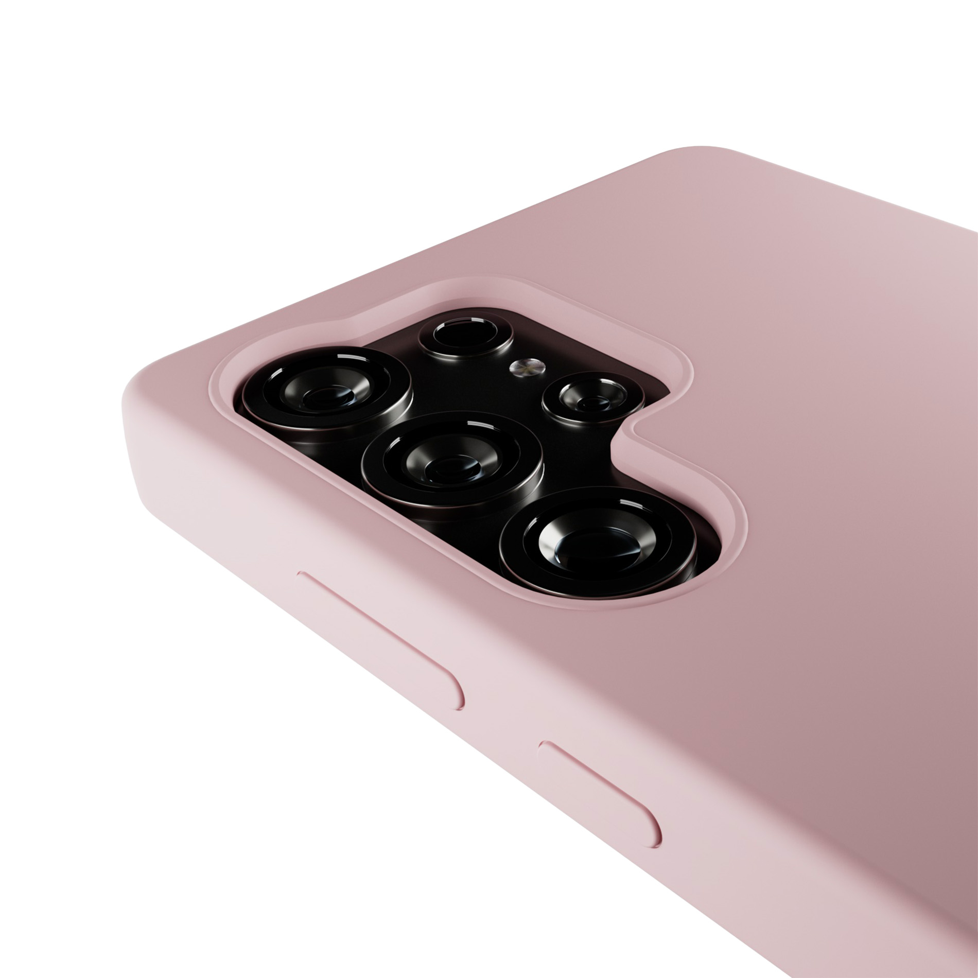 Uno smartphone rosa con quattro obiettivi è mostrato su sfondo bianco.