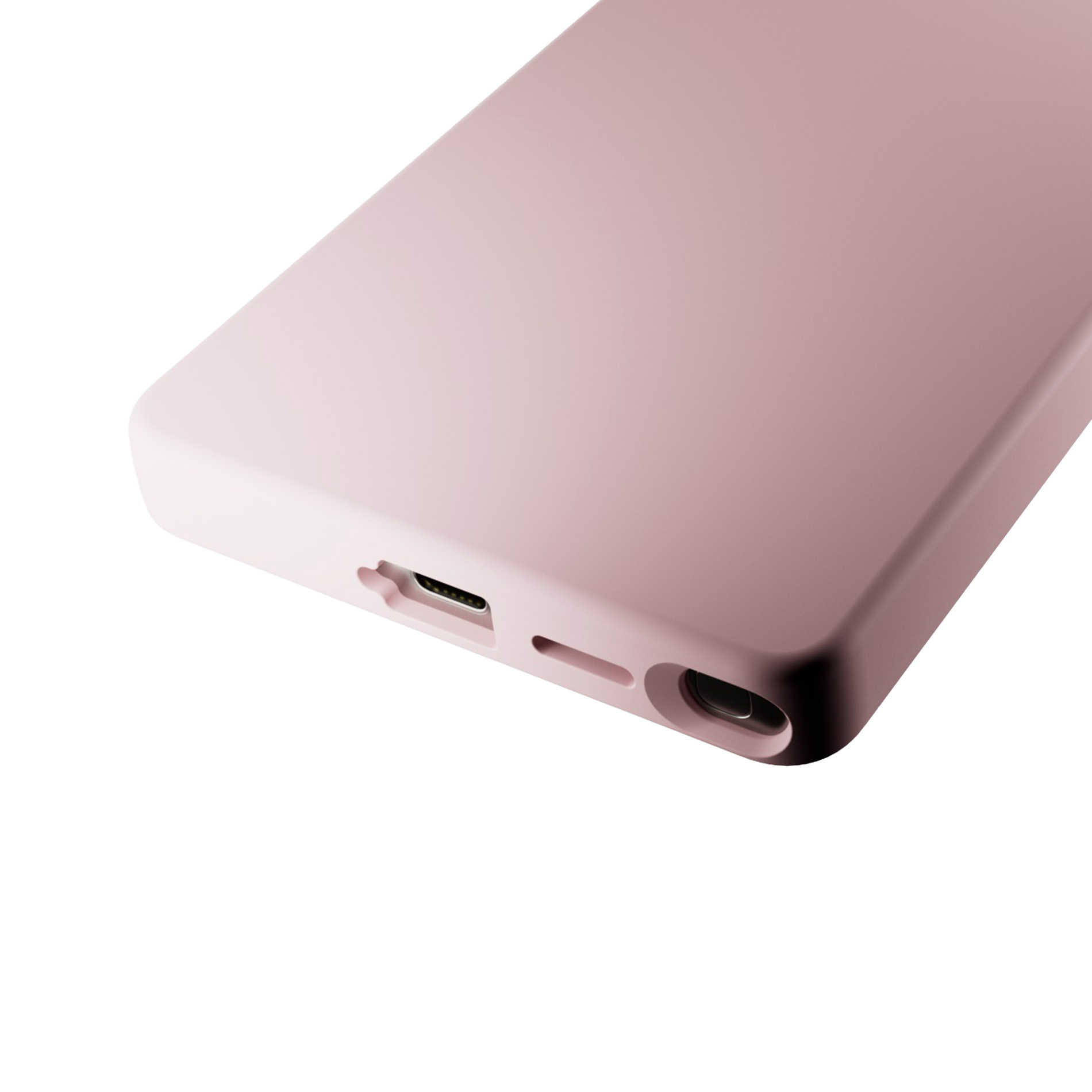 Primo piano di una custodia per telefono rosa che mostra la porta di ricarica e le aperture degli altoparlanti.