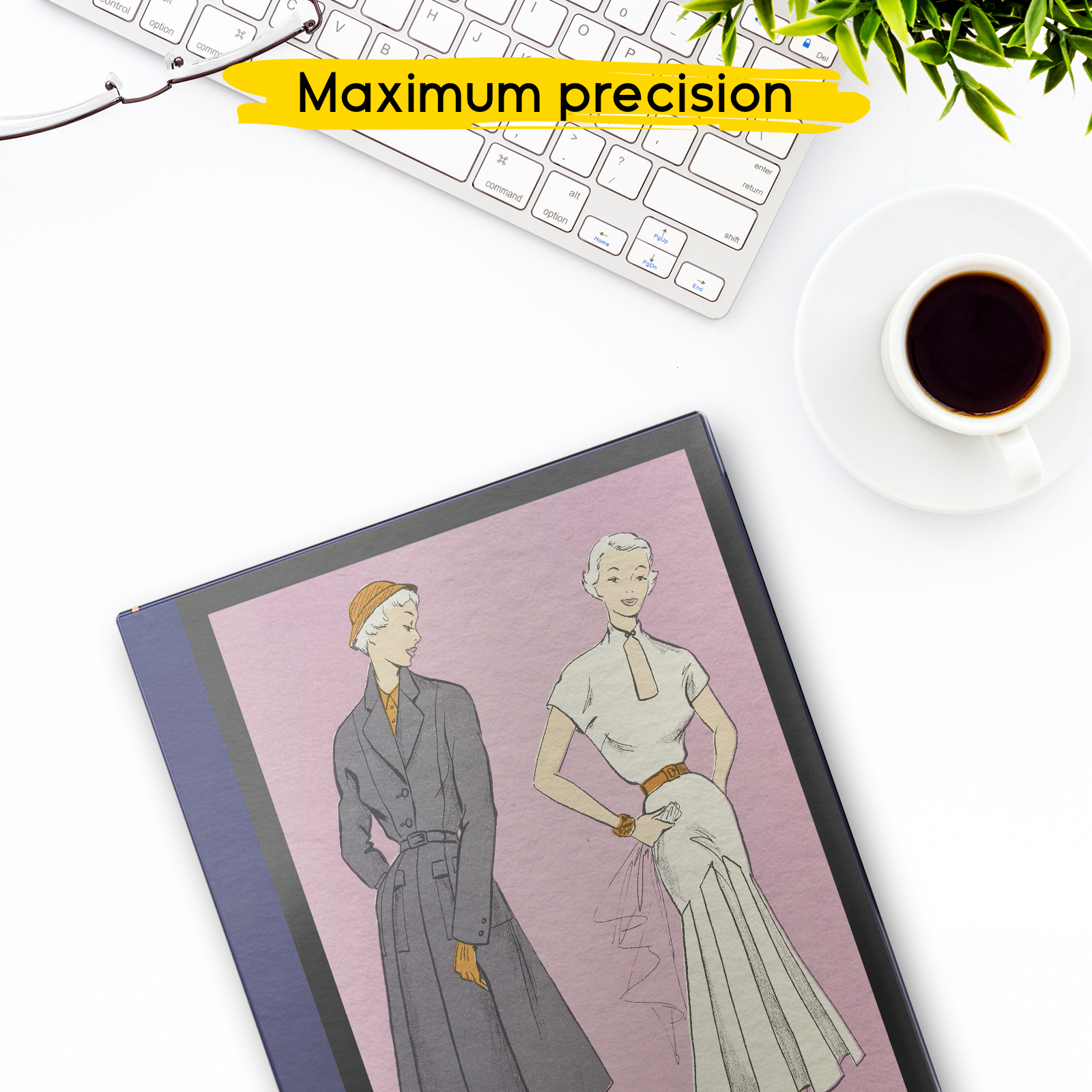 Ilustración de dos mujeres con moda vintage, sobre un escritorio con teclado y café.