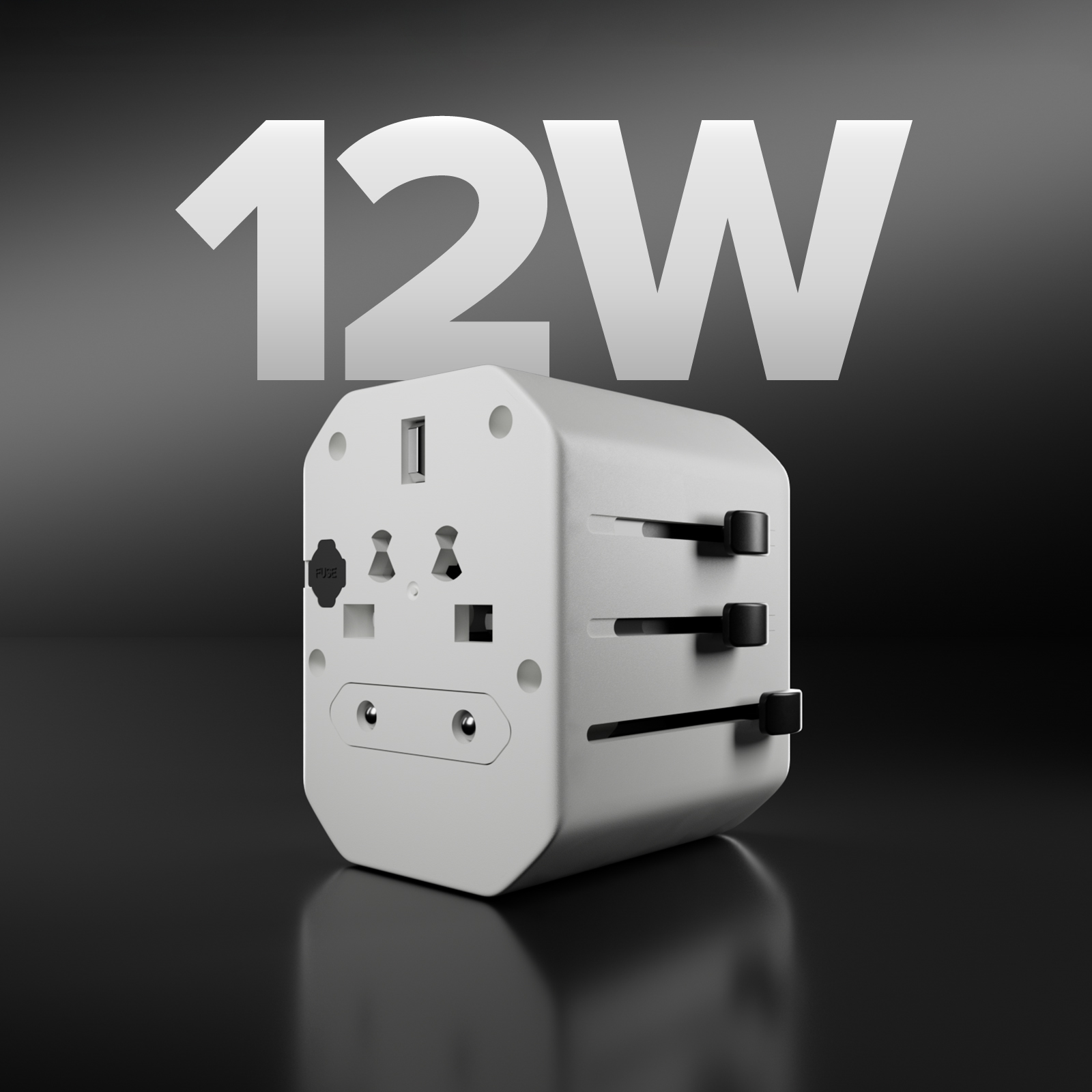 Un adaptador universal blanco con puerto USB y clavijas retráctiles.