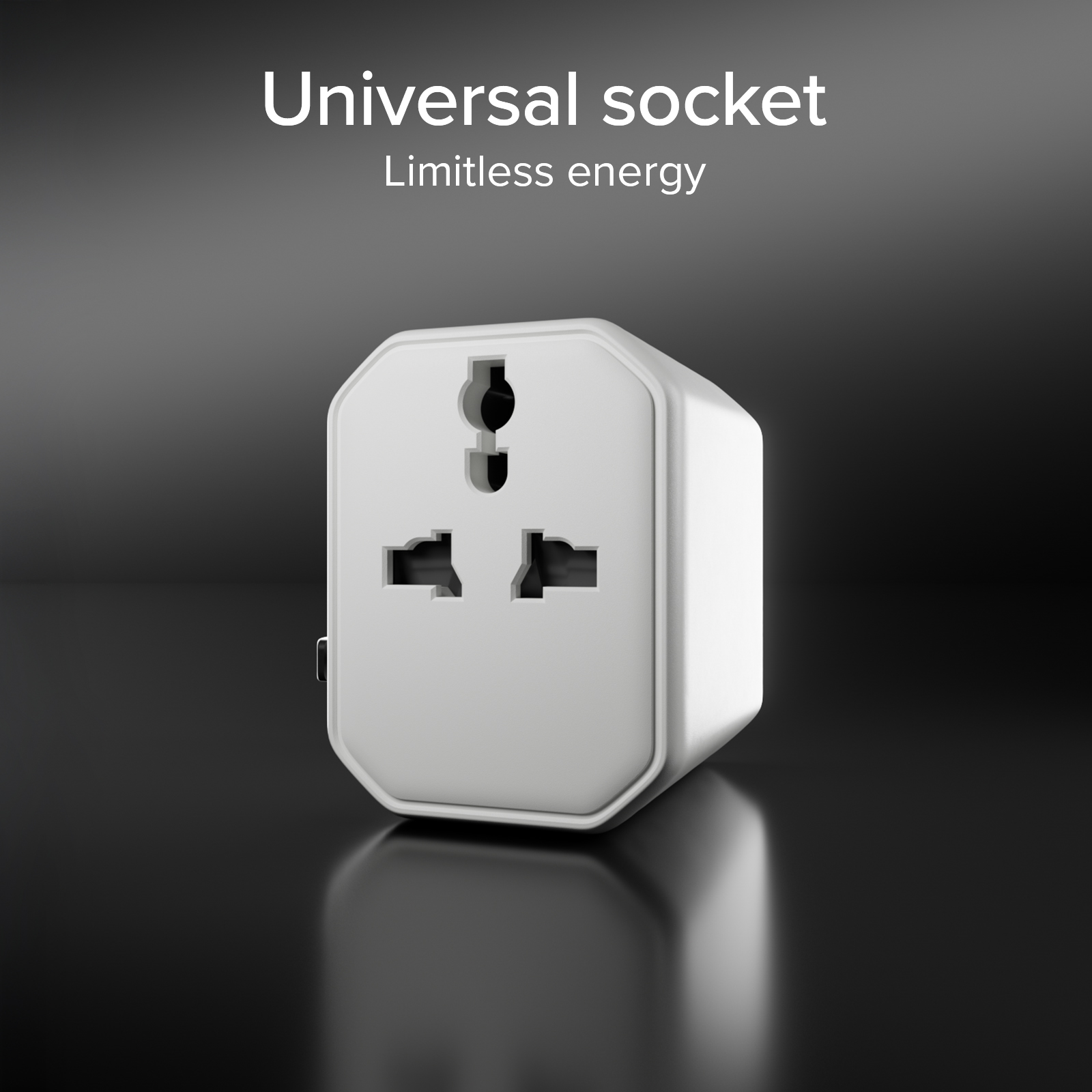 Un adaptador universal blanco con múltiples enchufes sobre fondo oscuro.