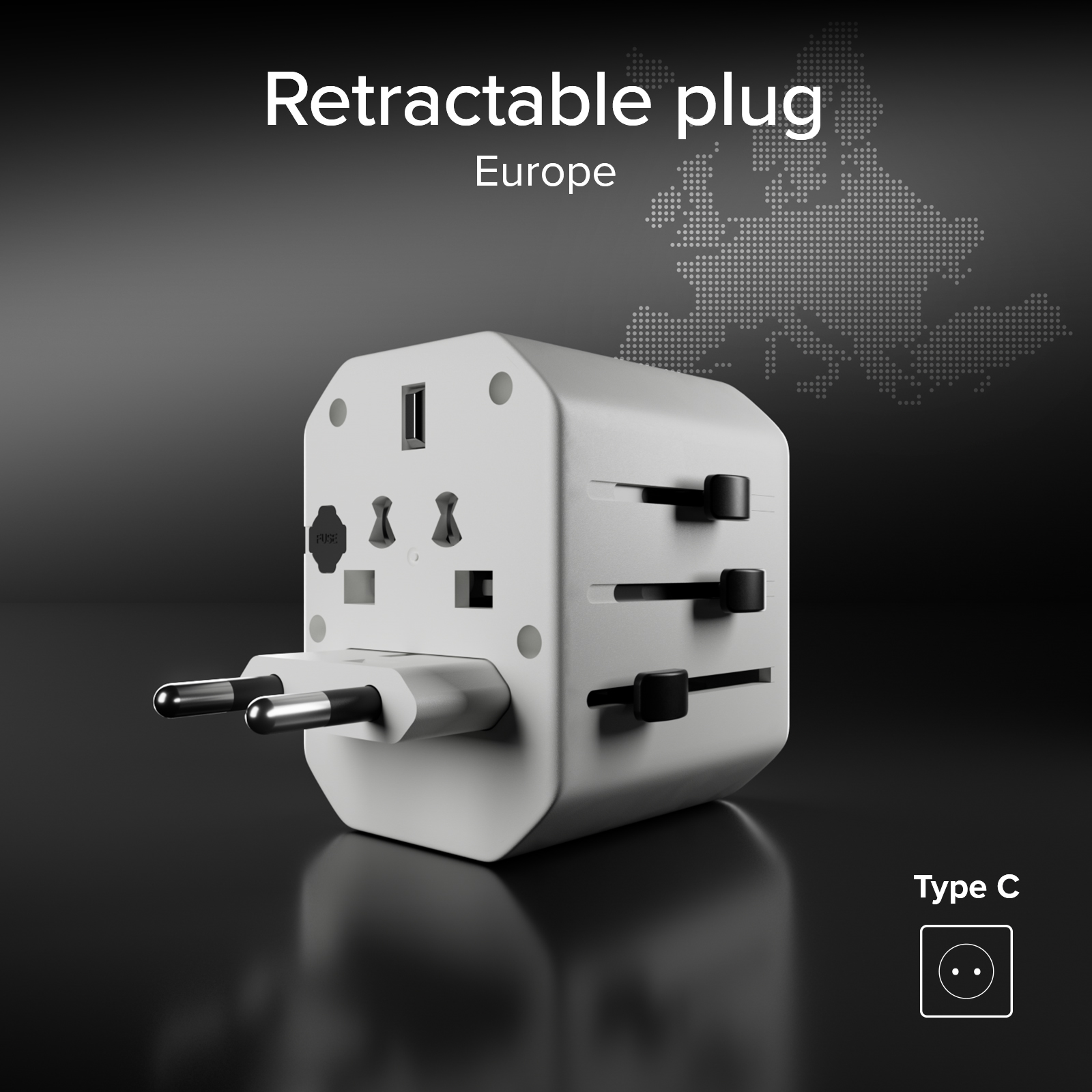 Un adaptador de viaje blanco con enchufes retráctiles y puerto USB.