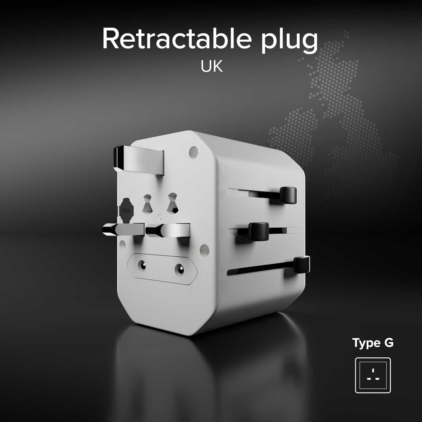 Un adaptador de viaje blanco con enchufes retráctiles y gráfico de bandera del Reino Unido.