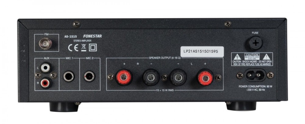 Tylny panel wzmacniacza stereo Fonestar AS-1515 z różnymi wejściami i wyjściami.