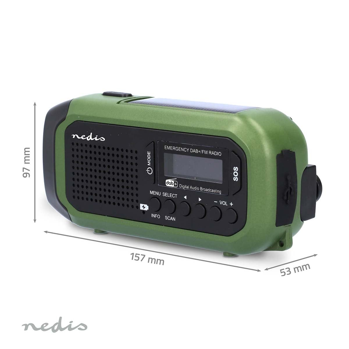 Radio verde di emergenza DAB+/FM con pannello solare, altoparlante e pulsanti.
