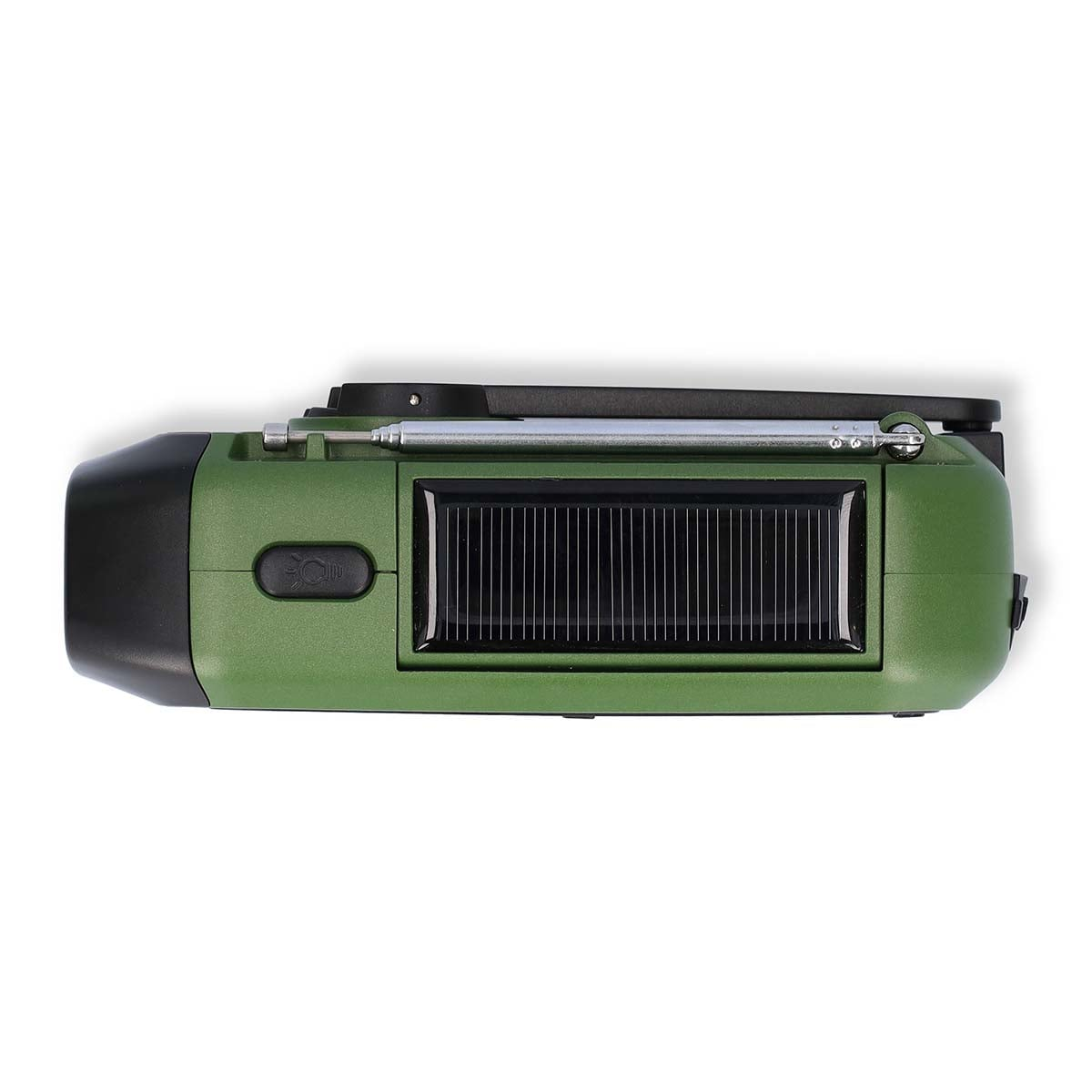 Radio di emergenza verde con pannello solare, antenna e torcia.