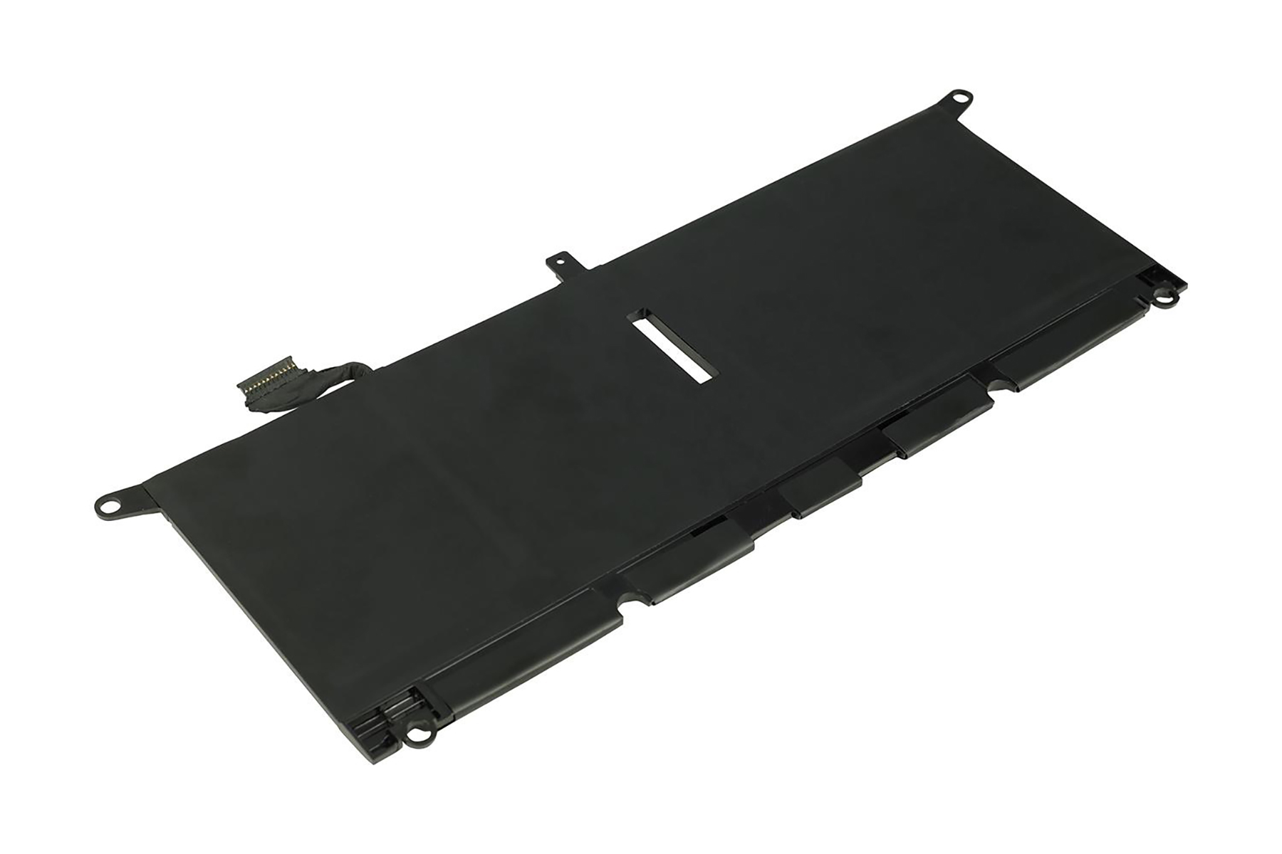 Schwarzer Laptop-Akku mit Anschlusskabel und Befestigungslöchern.