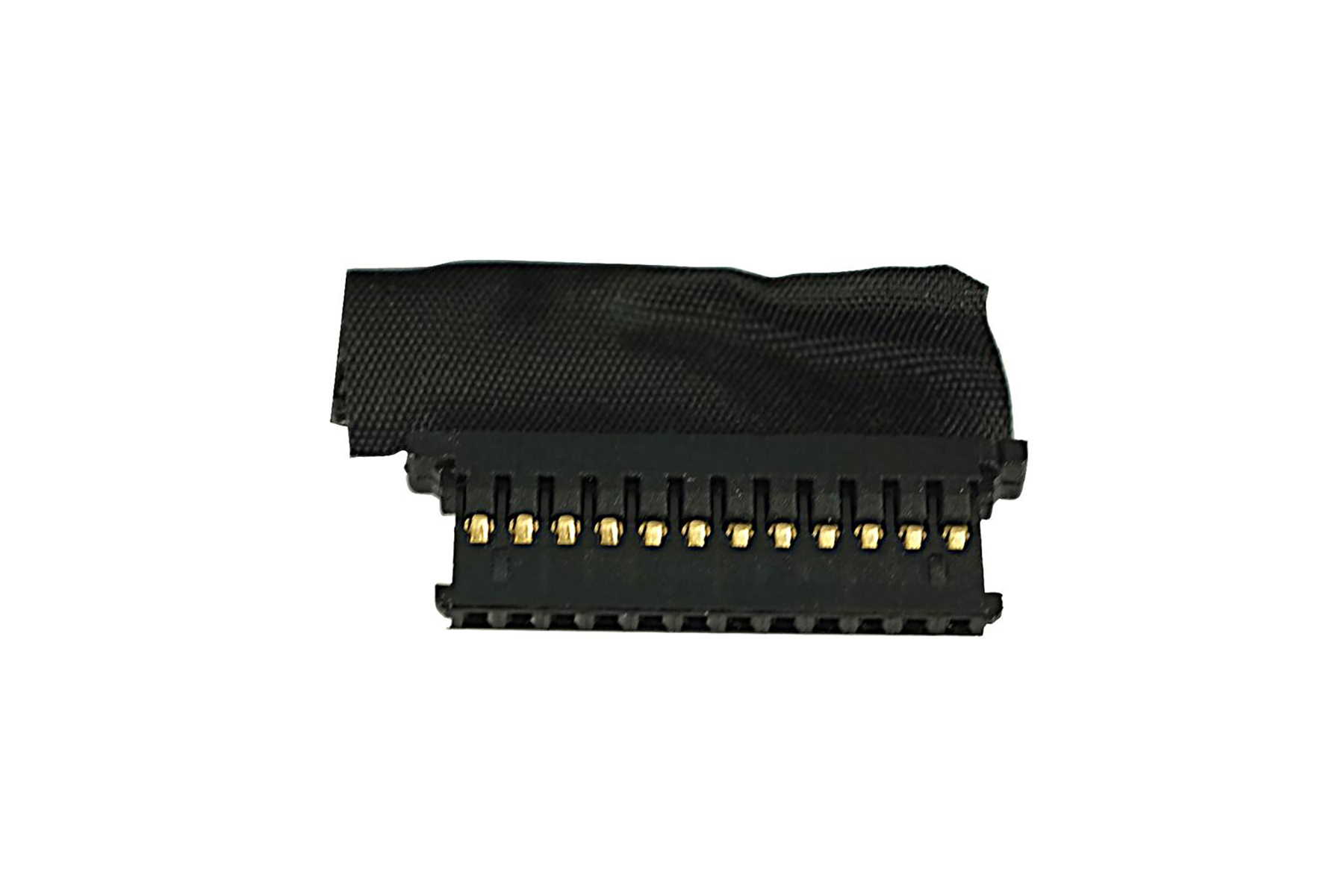 Schwarzer Verbinder mit goldenen Pins und schwarzem Gewebeband.