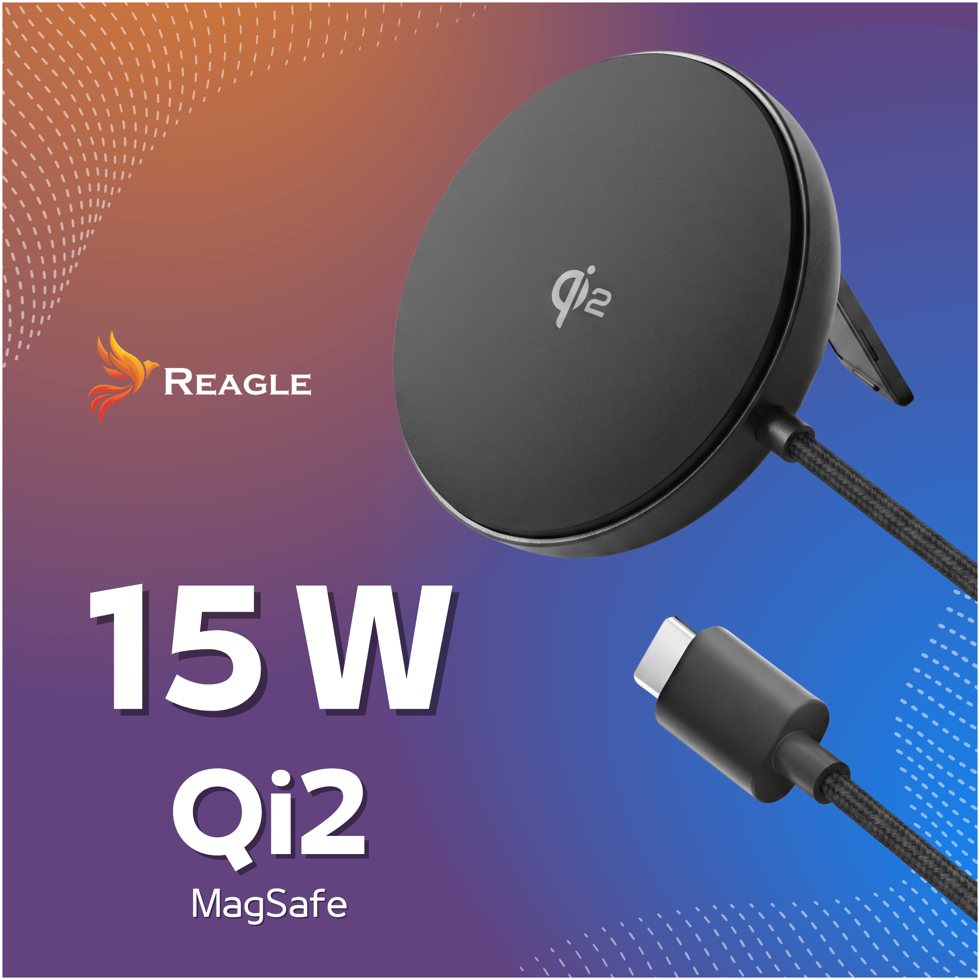 Schwarzer Qi2 MagSafe Ladeadapter mit Kabel und USB-C-Anschluss.