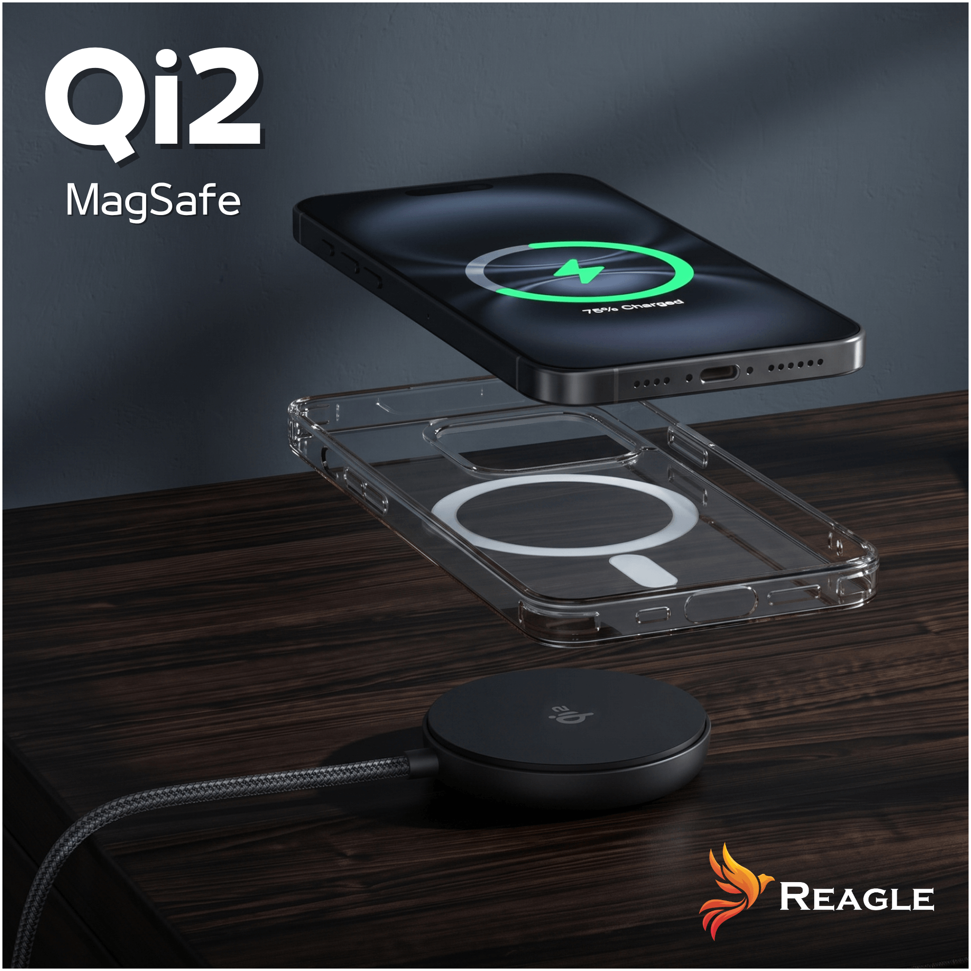 Qi2 MagSafe Ladegerät mit Handy und Hülle auf einem Holztisch.