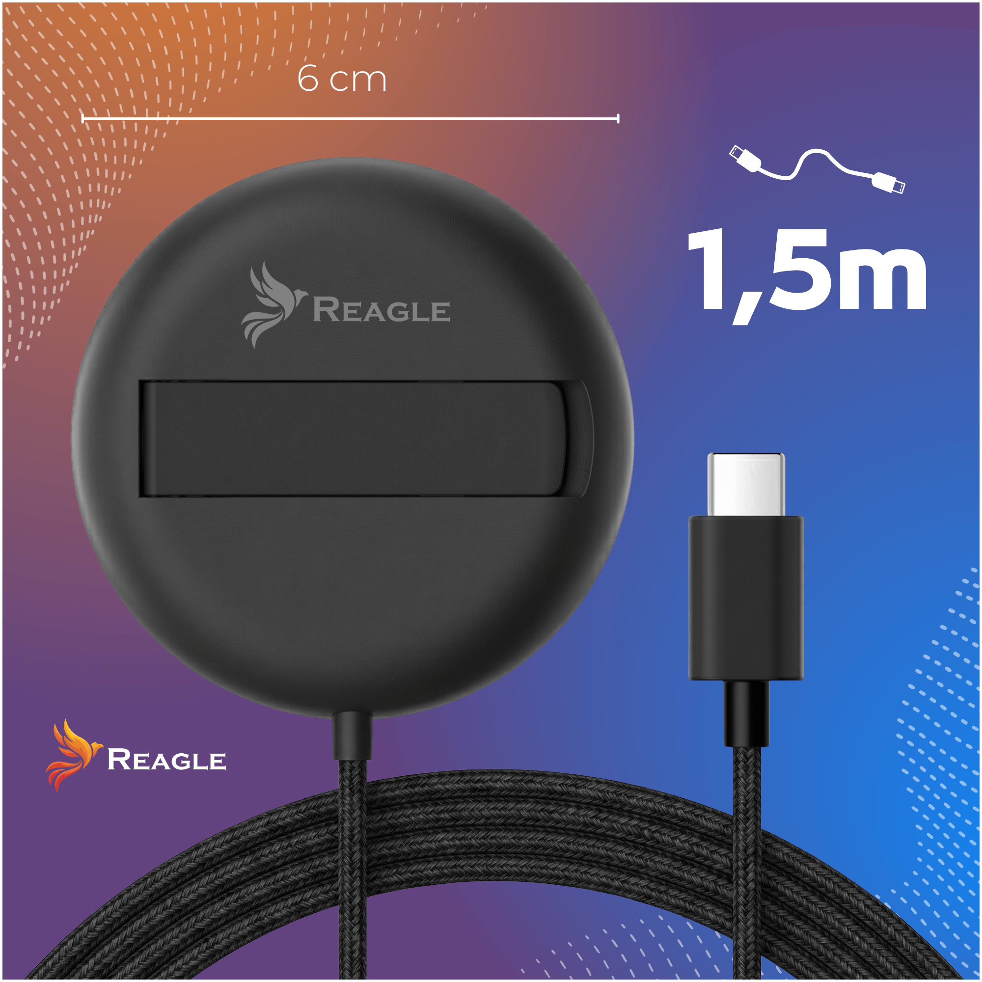 Schwarzes rundes Gerät mit Reagle-Logo, 6 cm groß, mit 1,5 m Kabel und USB-C.