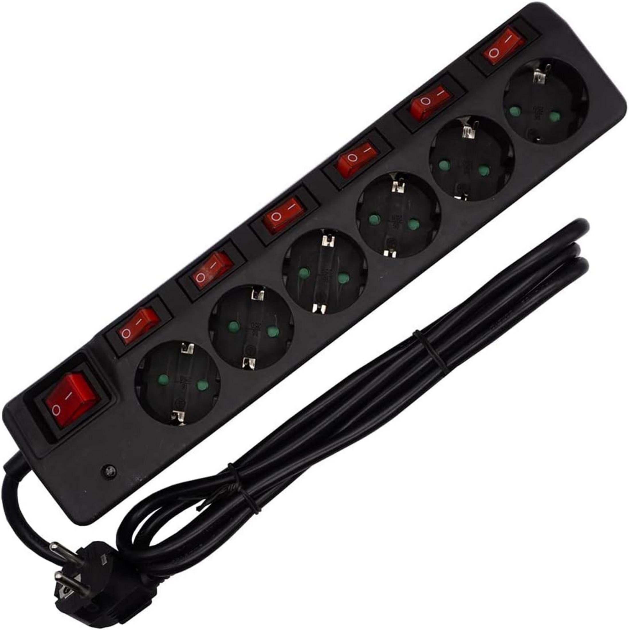 Regleta negra con seis enchufes y interruptores rojos. Incluye cable de alimentación.