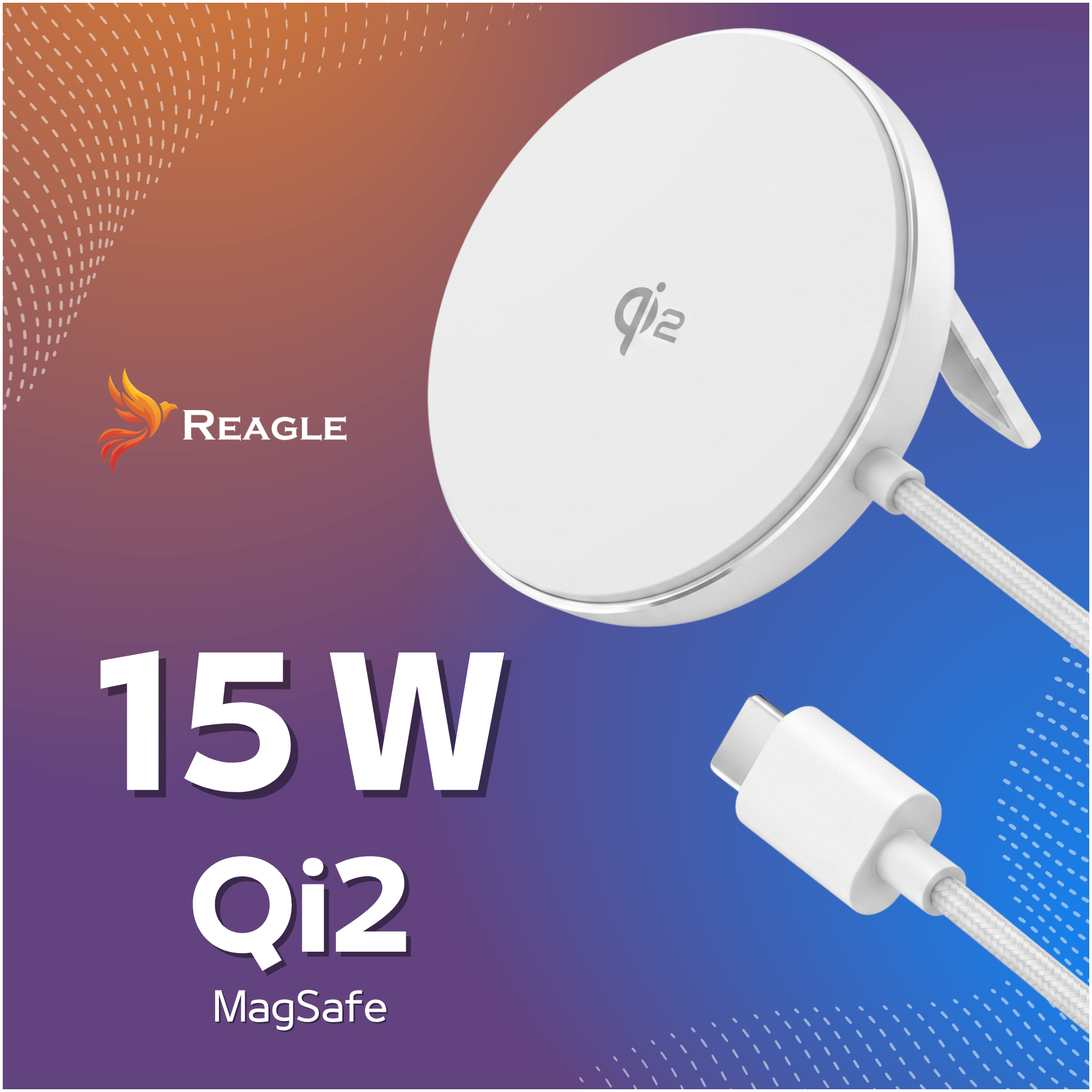 Ein weißes Qi2 MagSafe Ladegerät mit USB-C-Kabel, Reagle-Logo.