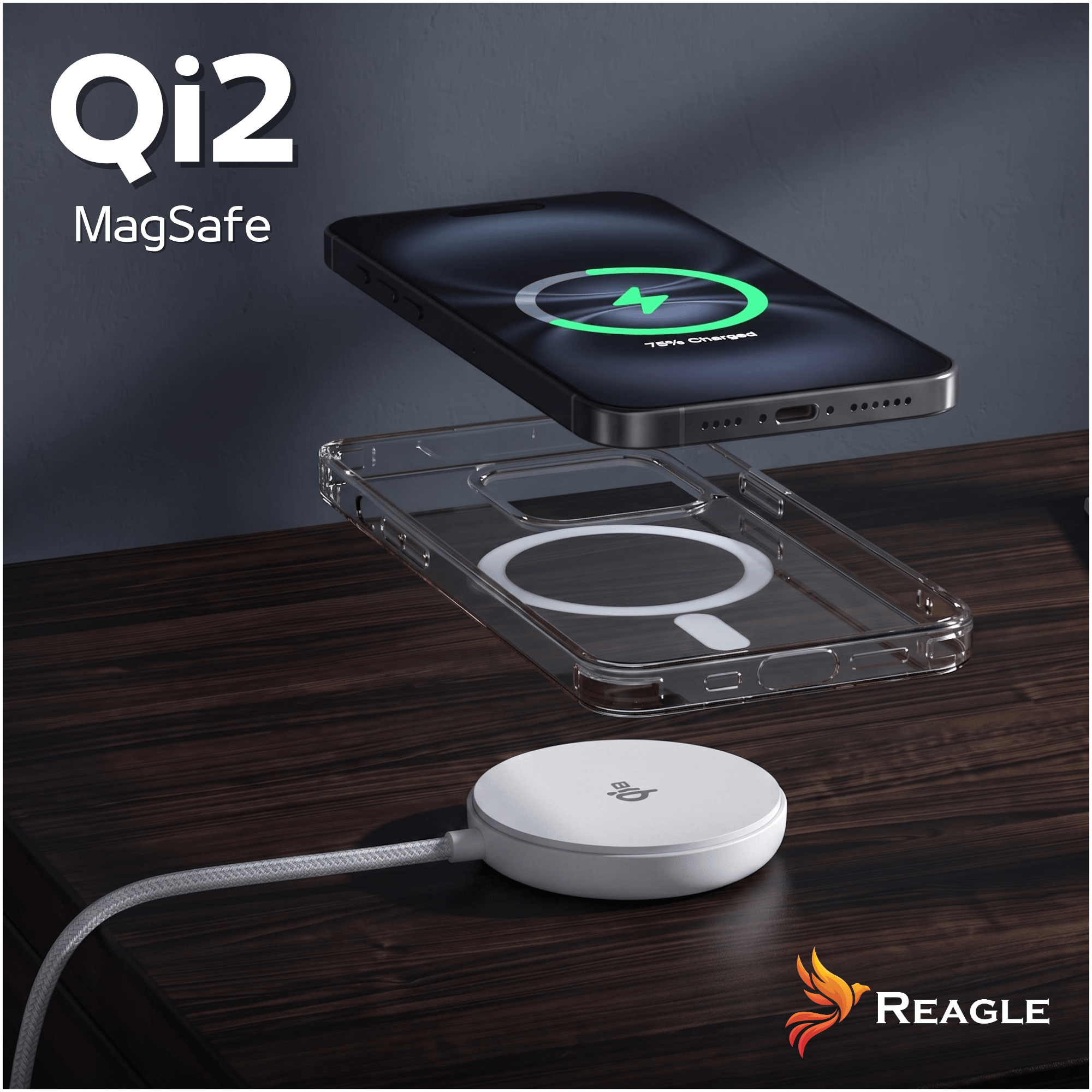 Qi2 MagSafe Ladekabel, iPhone und Hülle auf Holztisch