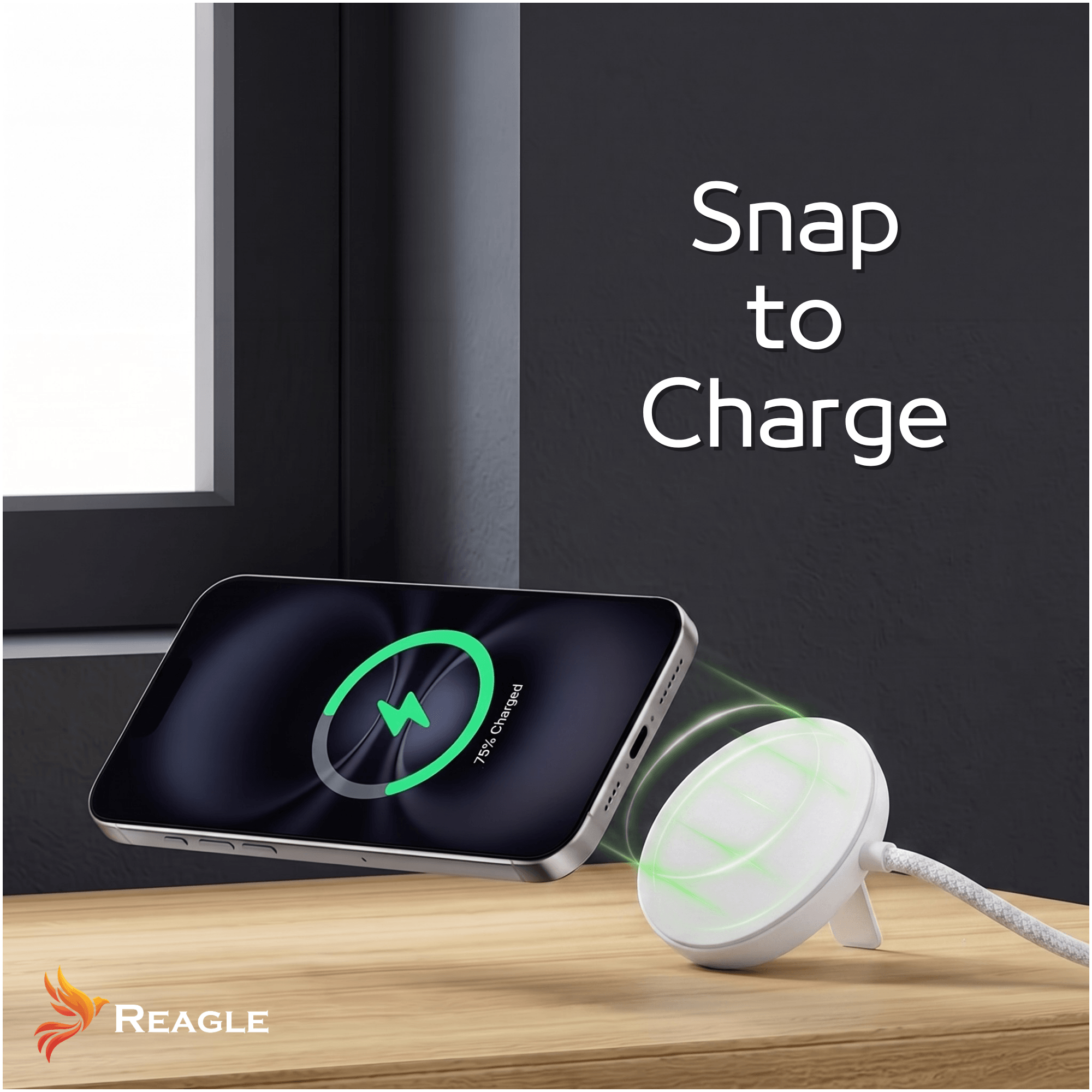 Ein Smartphone wird drahtlos geladen, mit einem Ladeindikator auf dem Bildschirm.