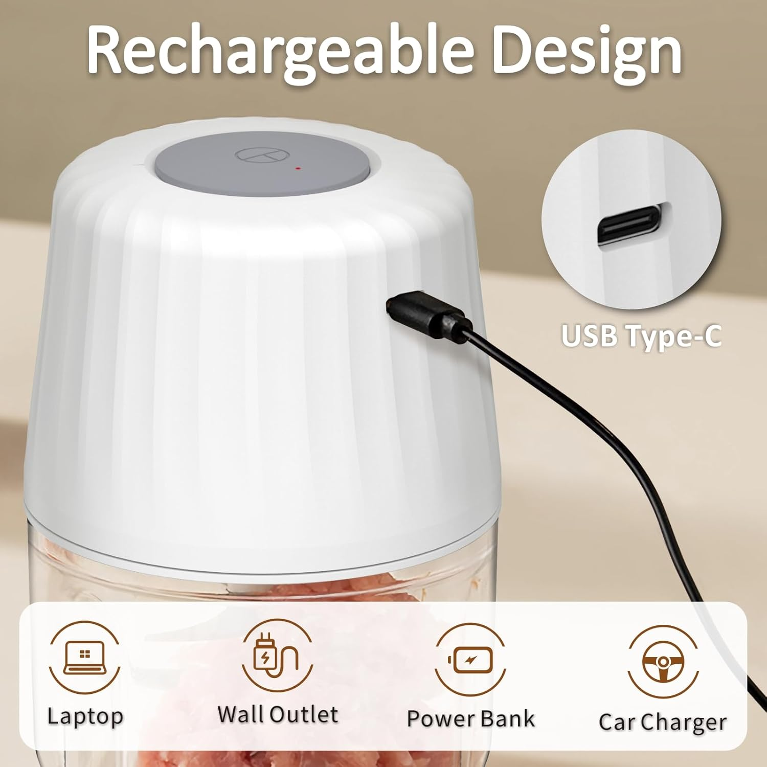Weißer Fleischwolf mit USB-C-Ladeanschluss, lädt über Laptop, Steckdose, Powerbank, Autoladegerät.