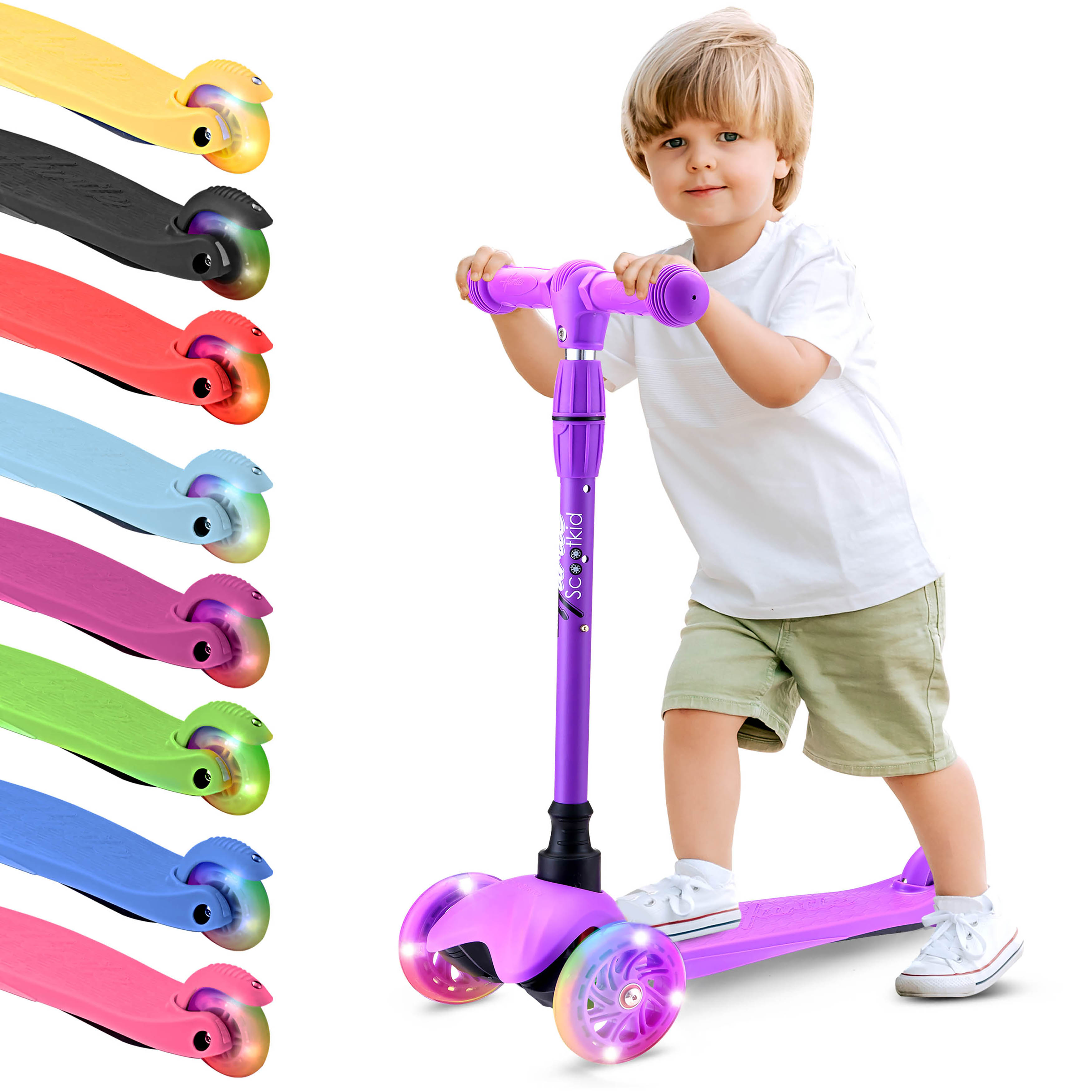 Ein Junge steht auf einem lila dreirädrigen Roller mit leuchtenden Rädern. Mehr Roller in anderen Farben.