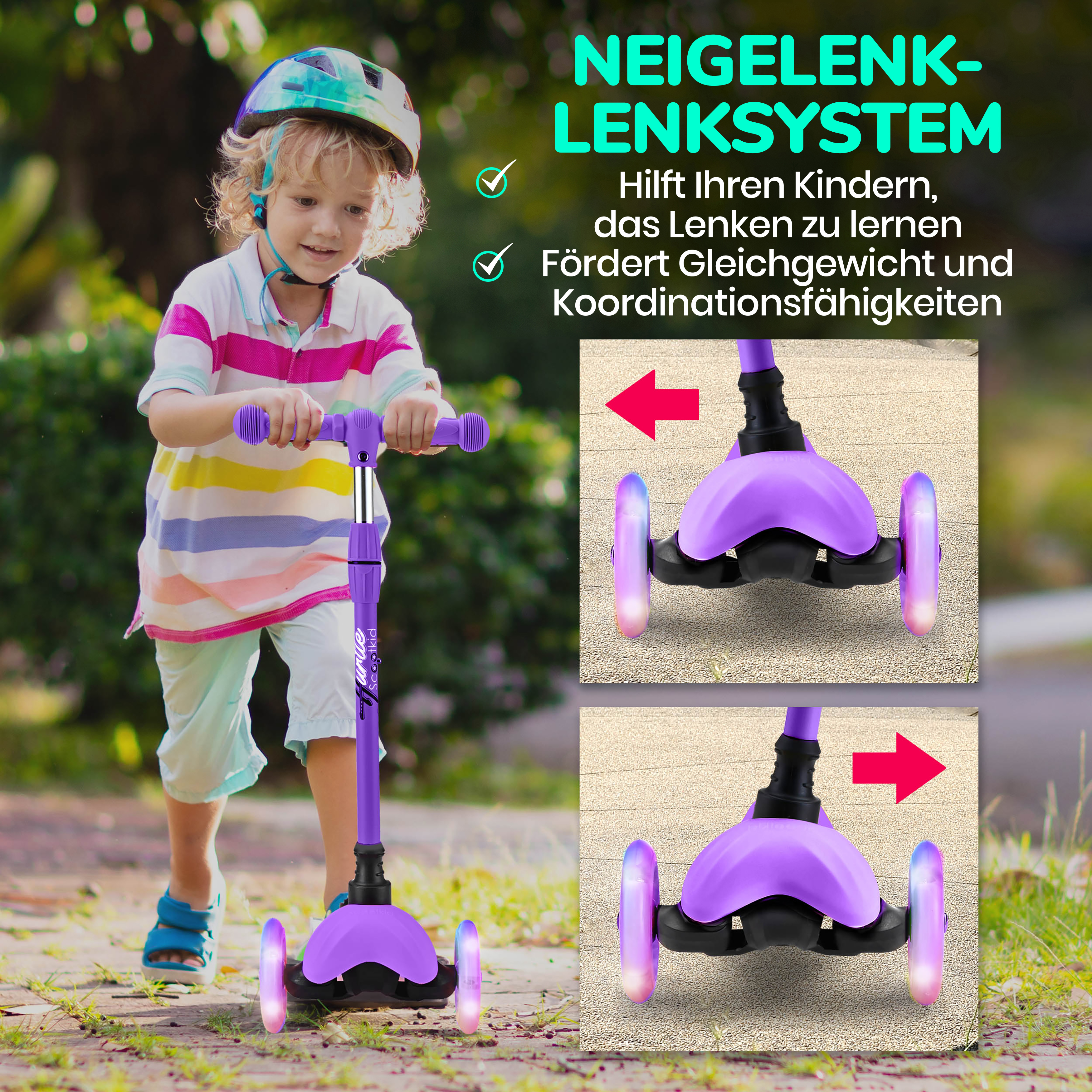 Ein Junge mit Helm fährt einen lila Roller mit leuchtenden Rädern im Freien.