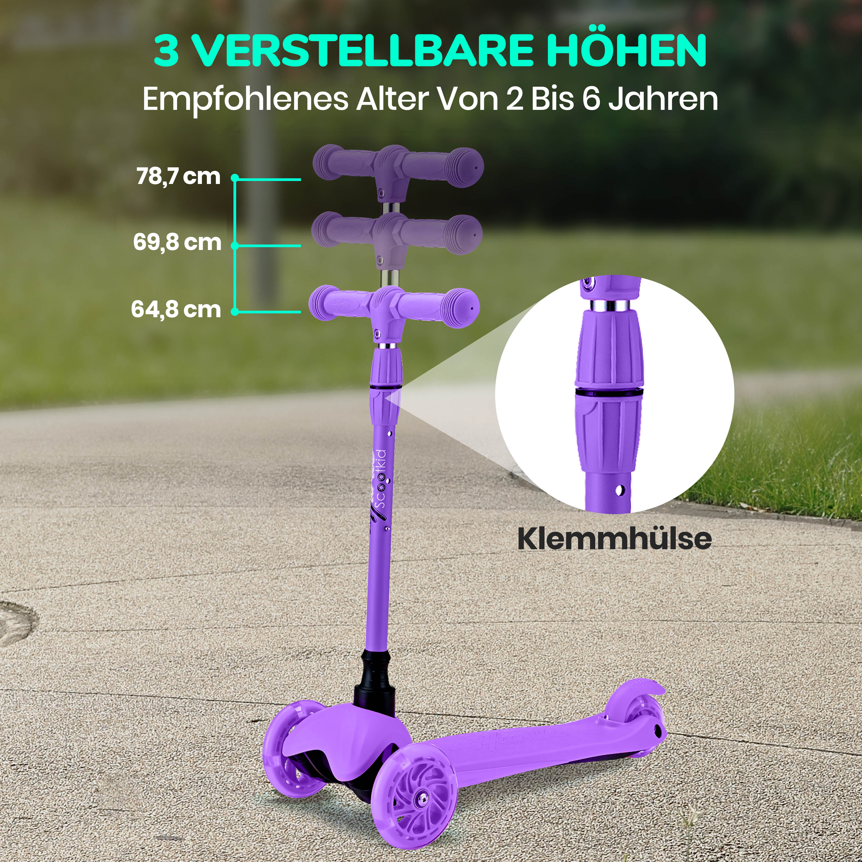 Lila Kinderroller mit 3 Höhen: 78,7 cm, 69,8 cm, 64,8 cm. Für 2-6 Jahre.