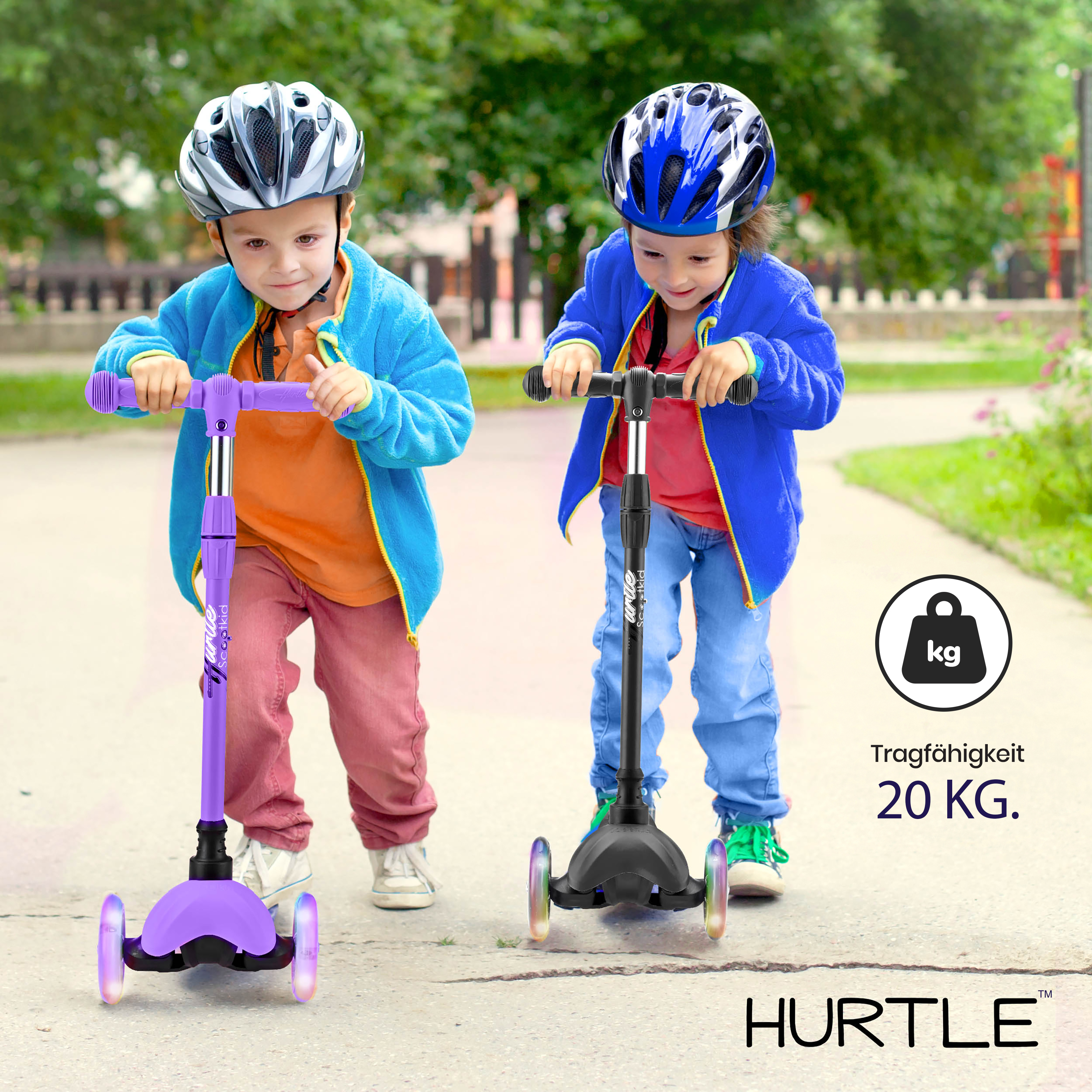 Zwei Kinder auf Rollern mit Lichtern im Freien. Ein roter Roller, ein violetter.