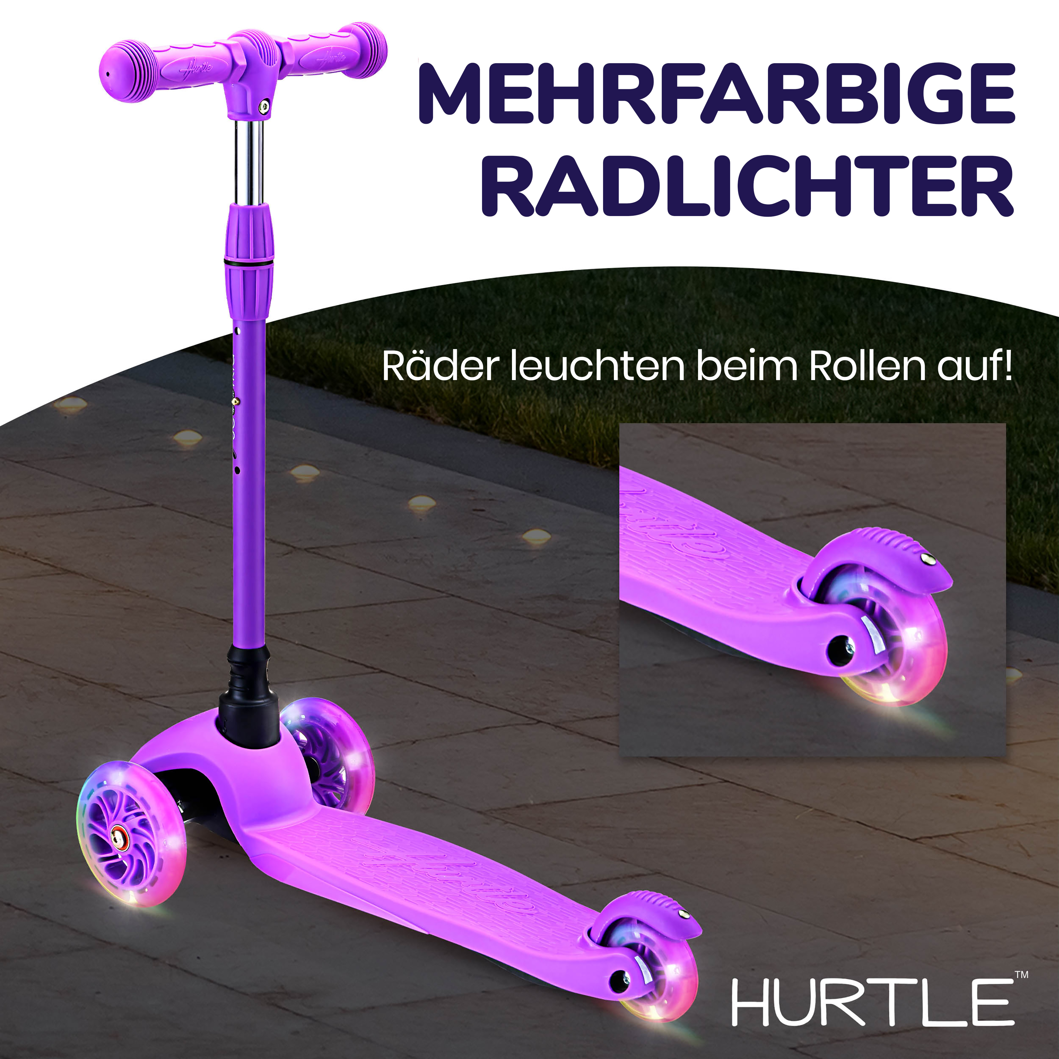 Lila Roller mit mehrfarbigen Lichtern in den Rädern auf gepflastertem Weg.