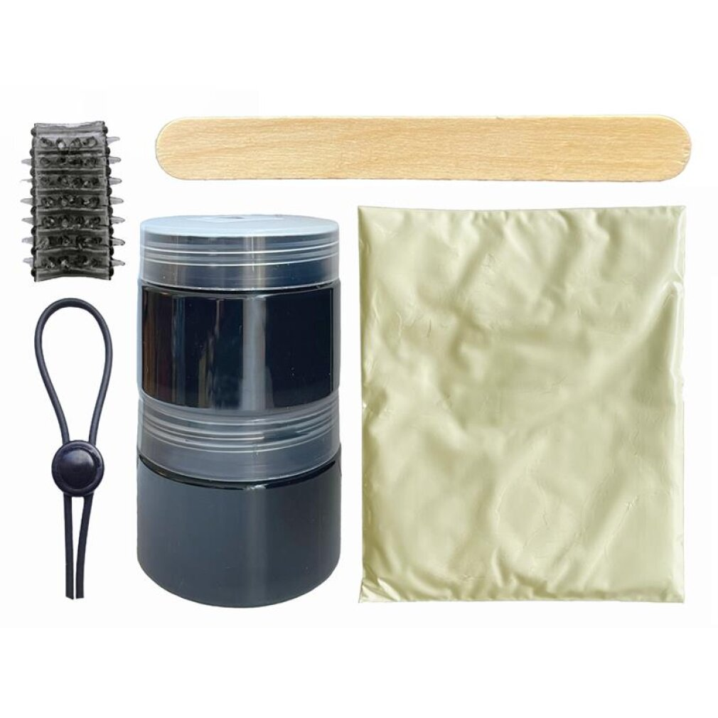 Ein schwarzer Behälter, eine schwarze Schnur mit Knopf, ein Holzstab, ein schwarzes Gitter und eine gelbe Tüte.