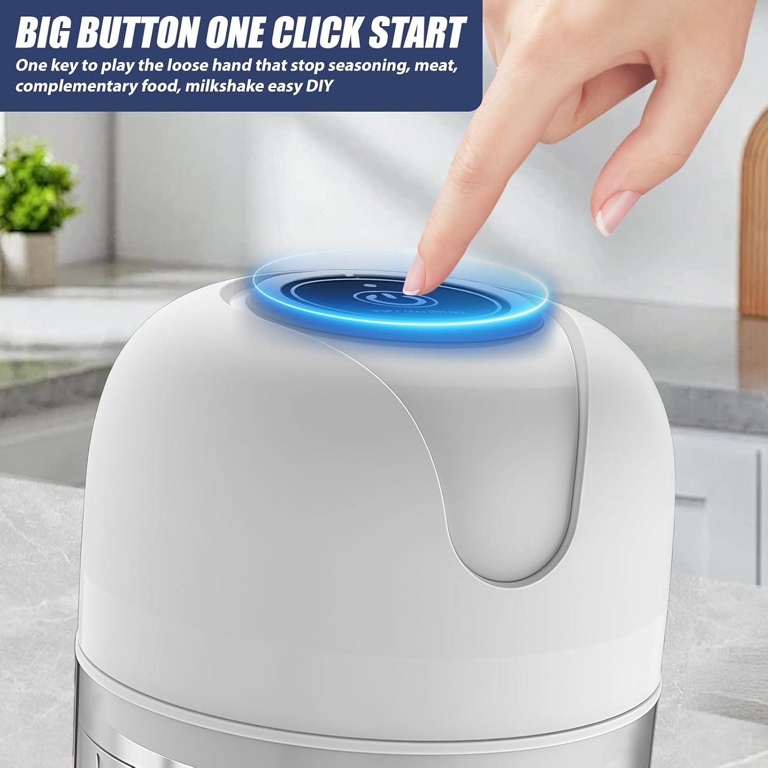 Finger drückt auf beleuchtete Taste eines weißen Geräts. Kochen-Werbung.
