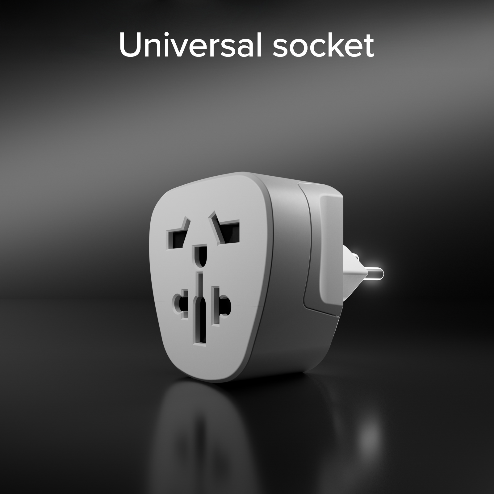 Un adaptador universal blanco con múltiples enchufes sobre fondo oscuro.