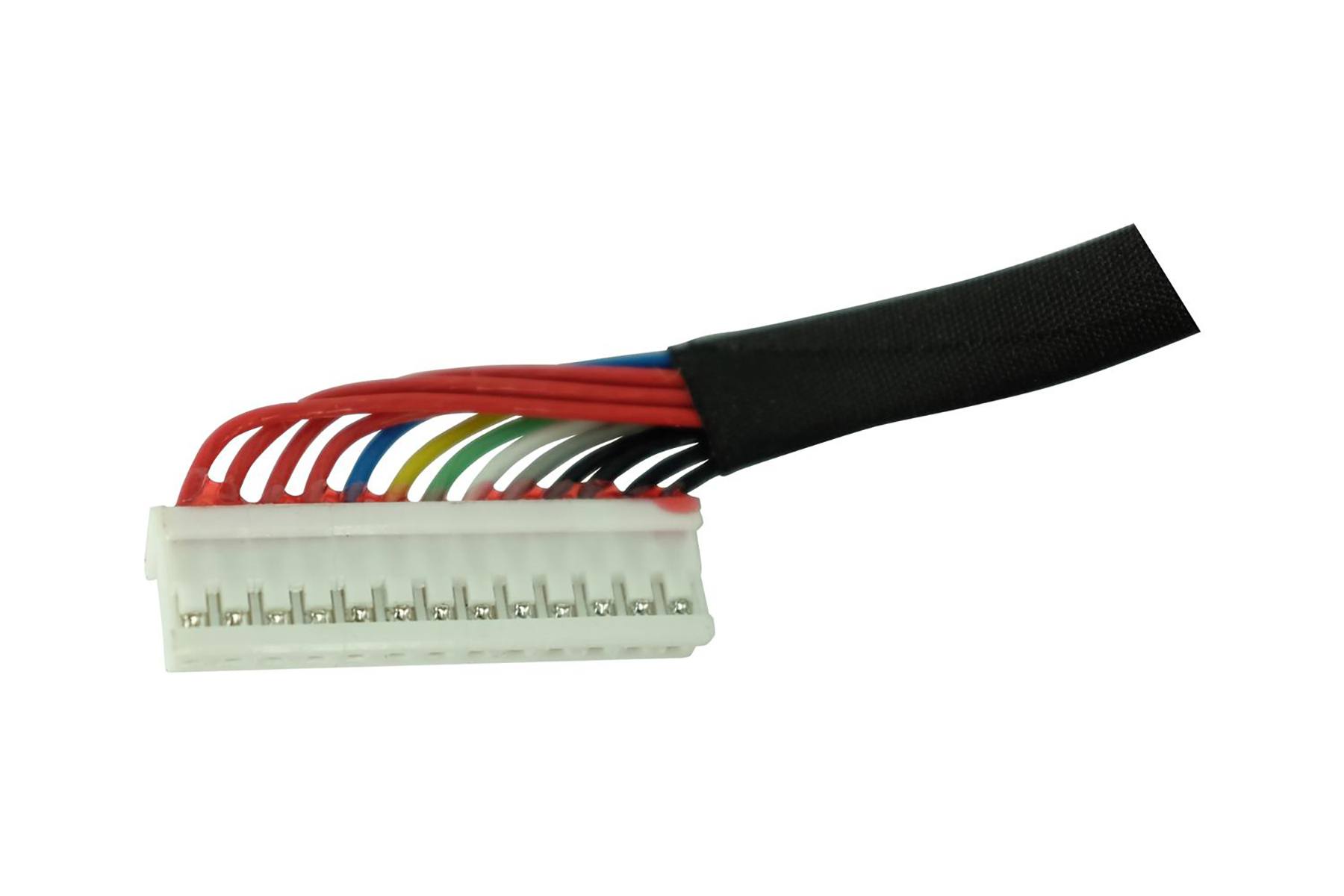 Ein weißer Stecker mit vielen bunten Drähten, die von schwarzem Band umwickelt sind.