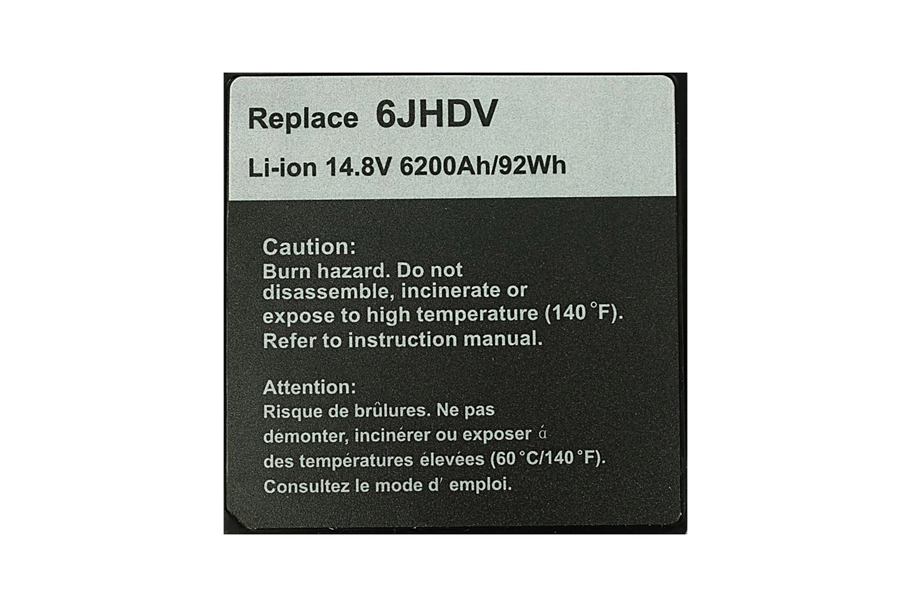 Etikett: Li-Ion 14.8V 6200Ah/92Wh, Modell 6JHDV, Warnhinweise.