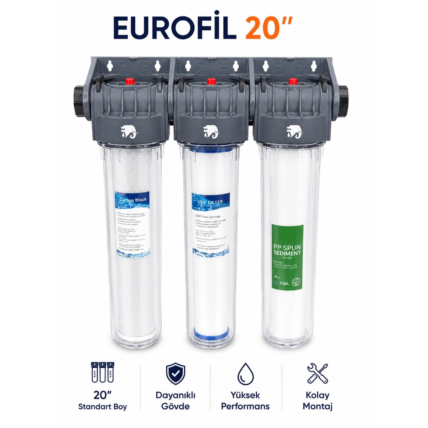 'Carbon Block', 'UDF FILTER' ve 'PP SPUN SEDIMENT FILTER' etiketli üç su filtresi gövdesi.
