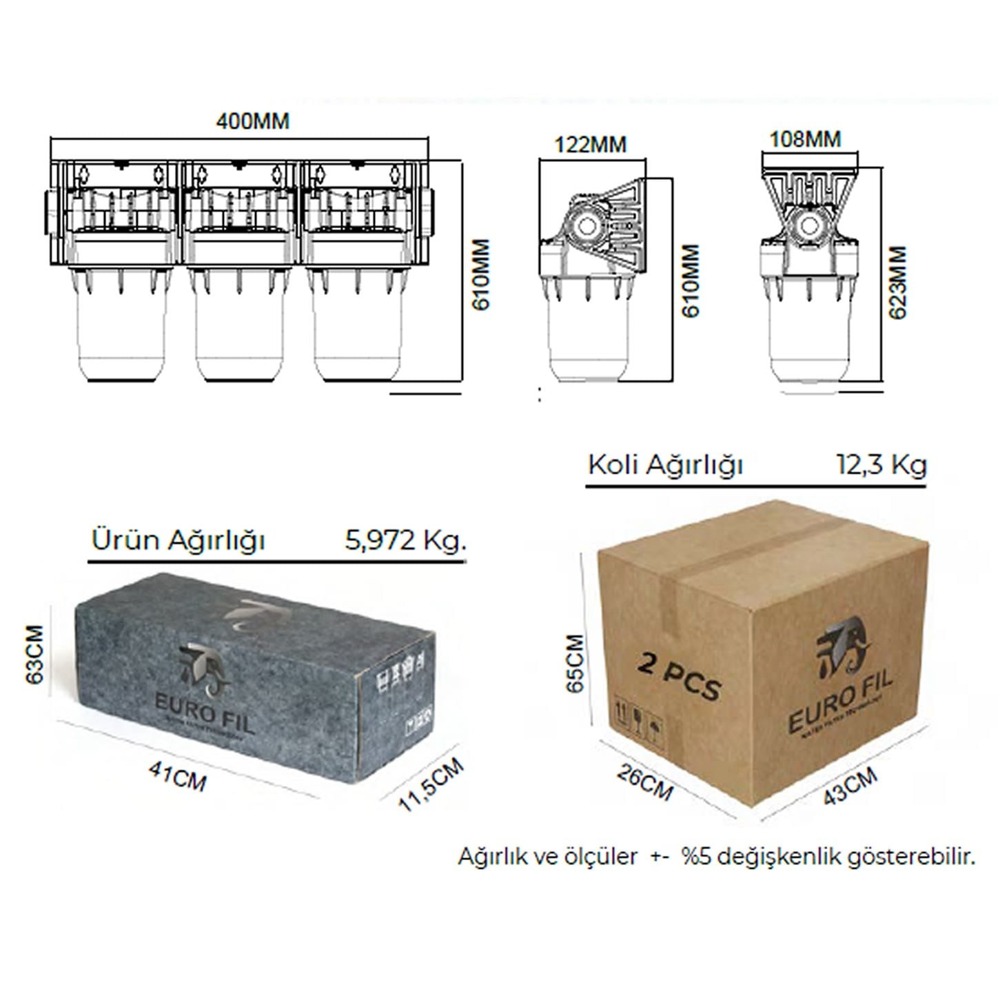 Su filtrelerinin boyutları ve ağırlıkları gösteren teknik çizimi.