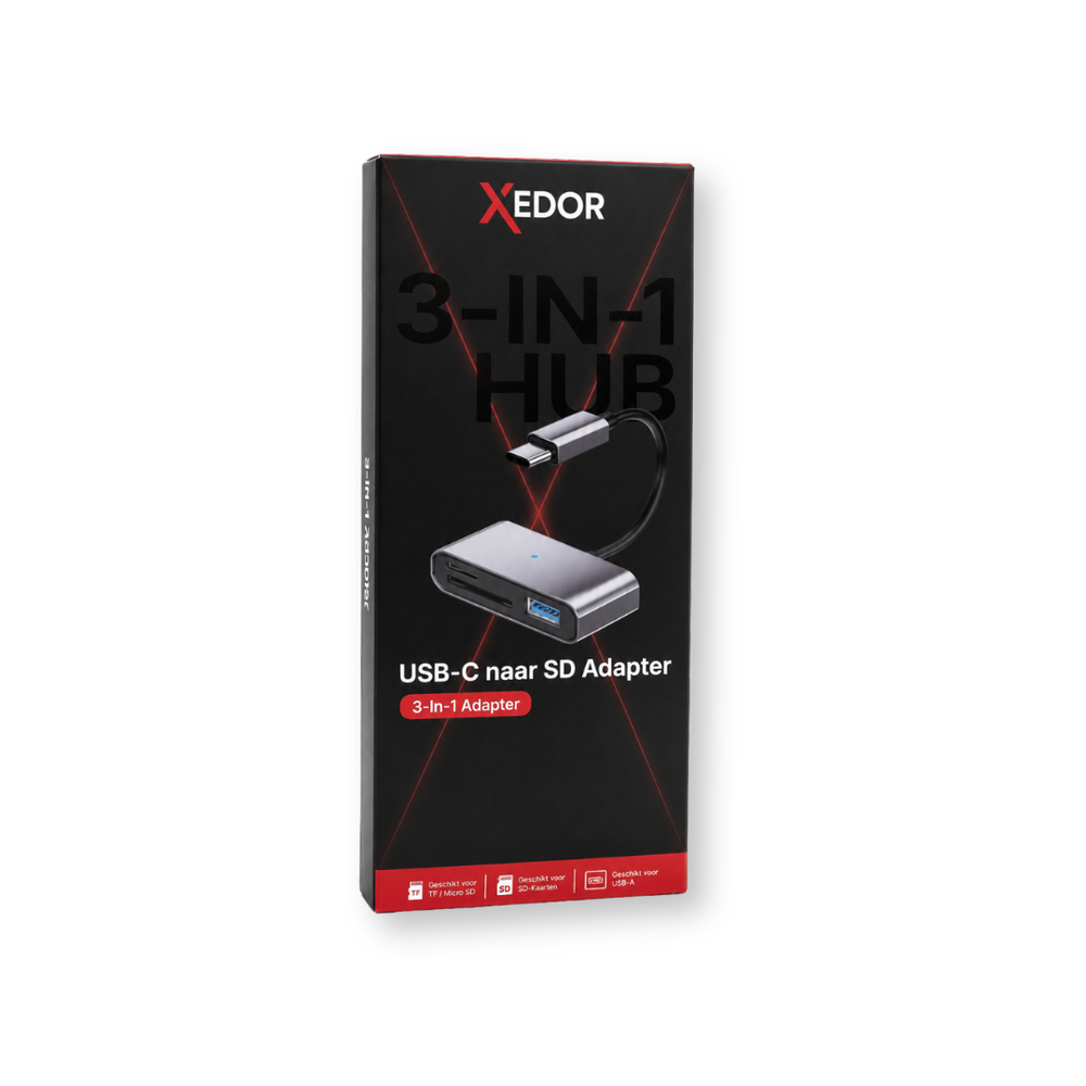Packaging for a Xedor 3-in-1 USB-C hub with SD card reader and USB-A port.