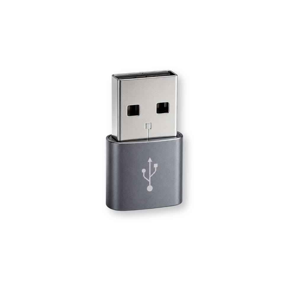 A gray USB adapter with a USB symbol.