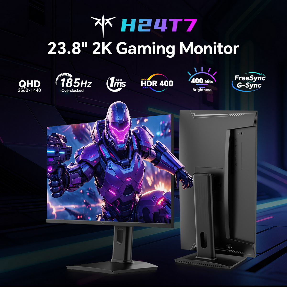 23,8" 2K Gaming-Monitor mit futuristischem Krieger auf dem Bildschirm. Specs: QHD, 185Hz, 1ms, HDR400.